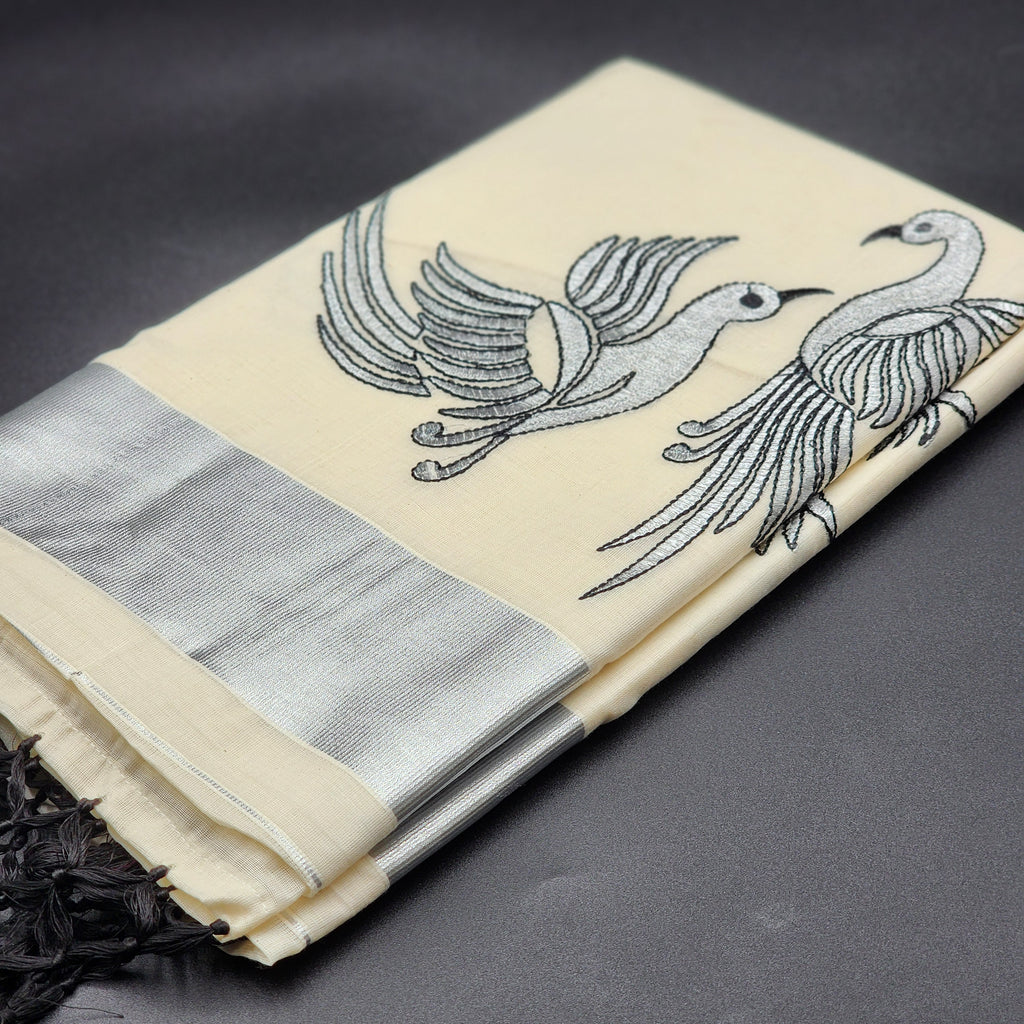 Tissue Silk South Indian Saree - birds design silver and black combo 2126 Eljoys Fashion