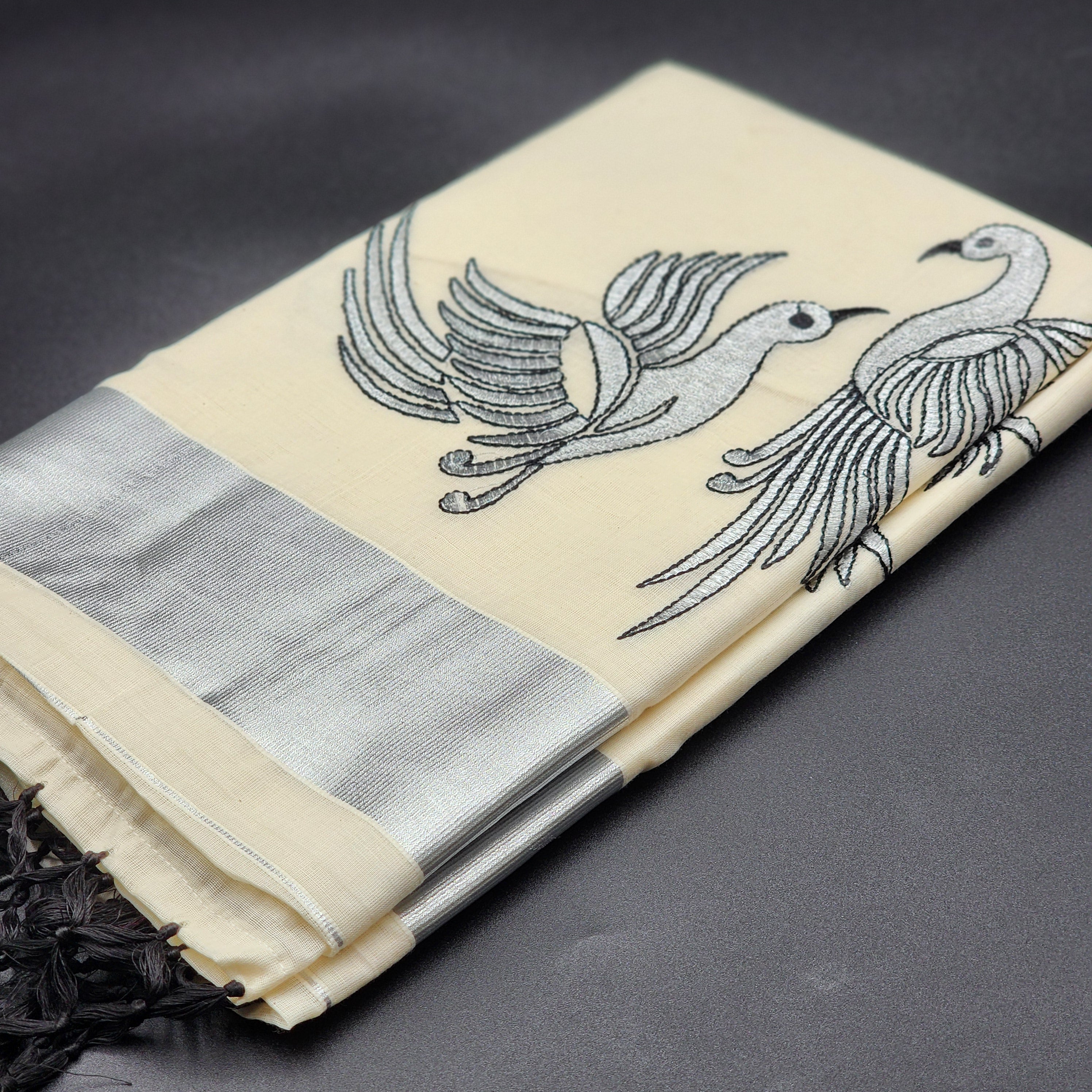 Tissue Silk South Indian Saree - birds design silver and black combo 2126 Eljoys Fashion