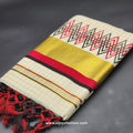 Saree with wide golden red black orange and green lines full body golden box work 2153