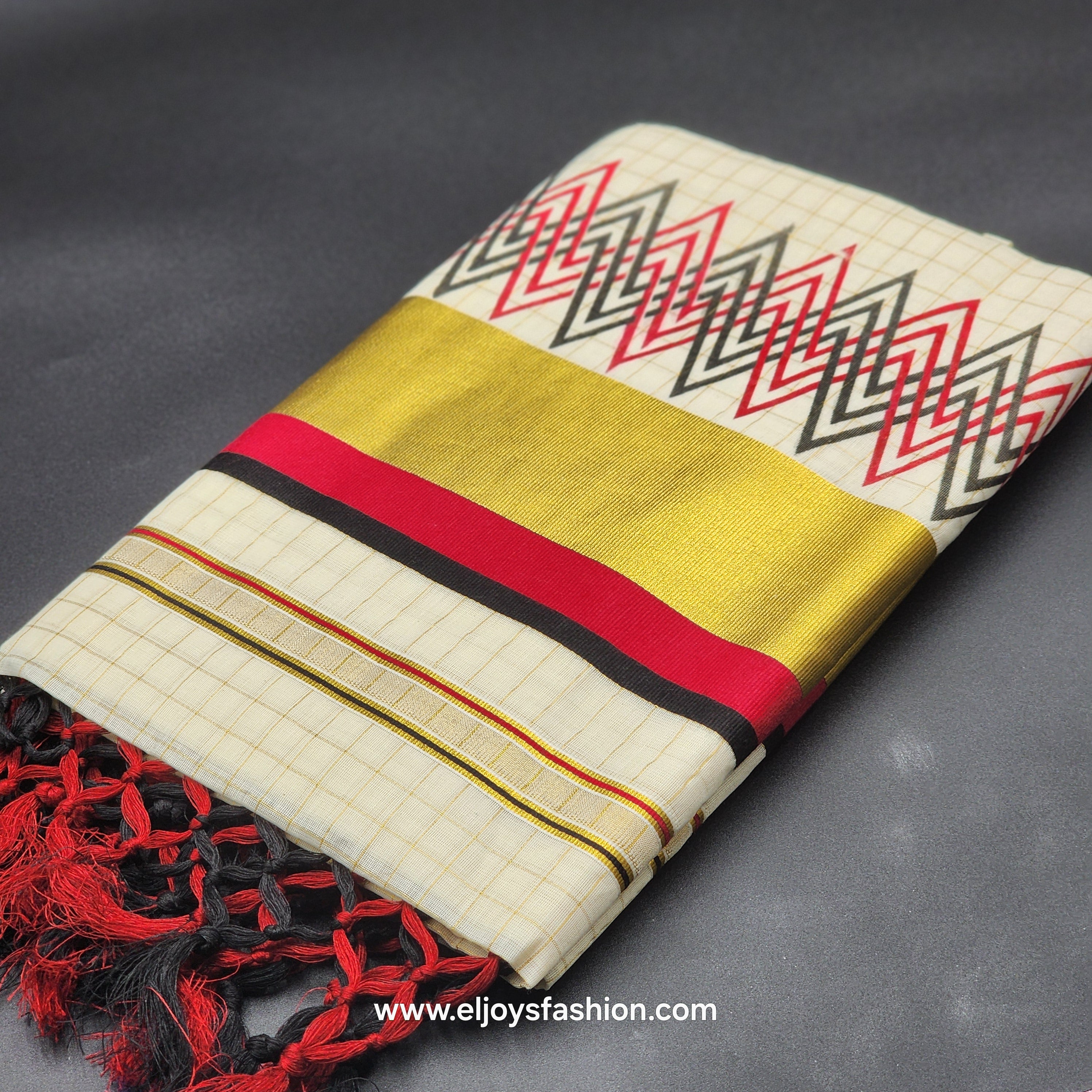 Saree with wide golden red black orange and green lines full body golden box work 2153