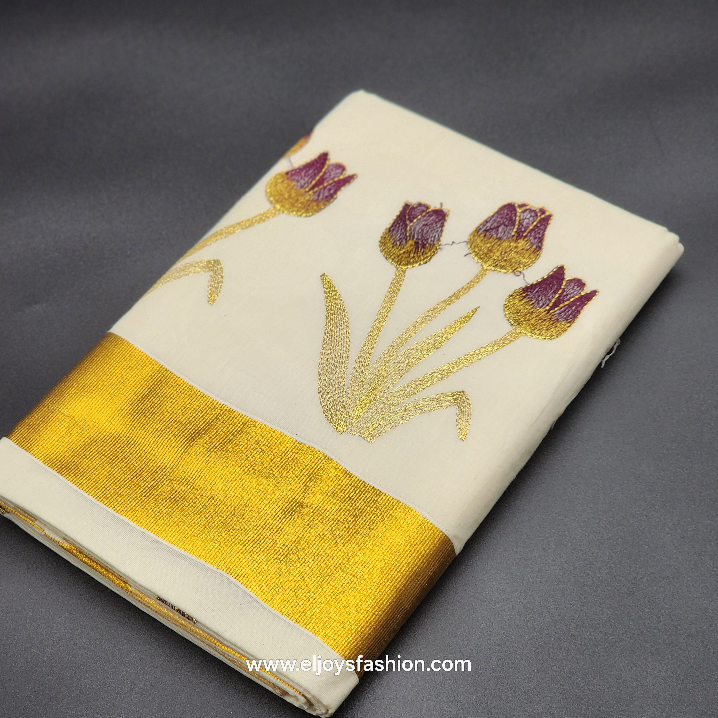 Kerala Saree 4 inch wide golden border and embroidered Tulip works on body 2145