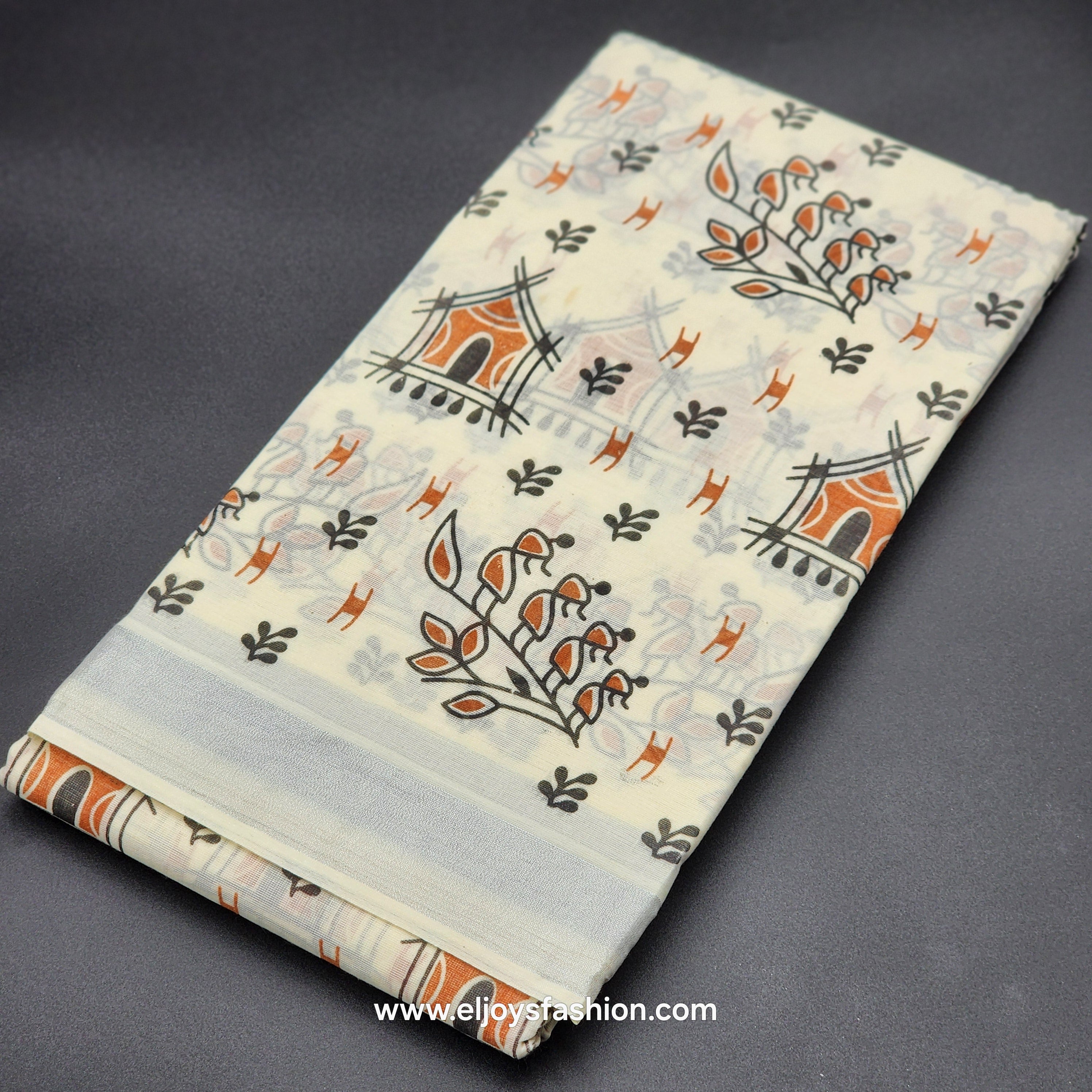 Saree printed in black orange village theme 2151