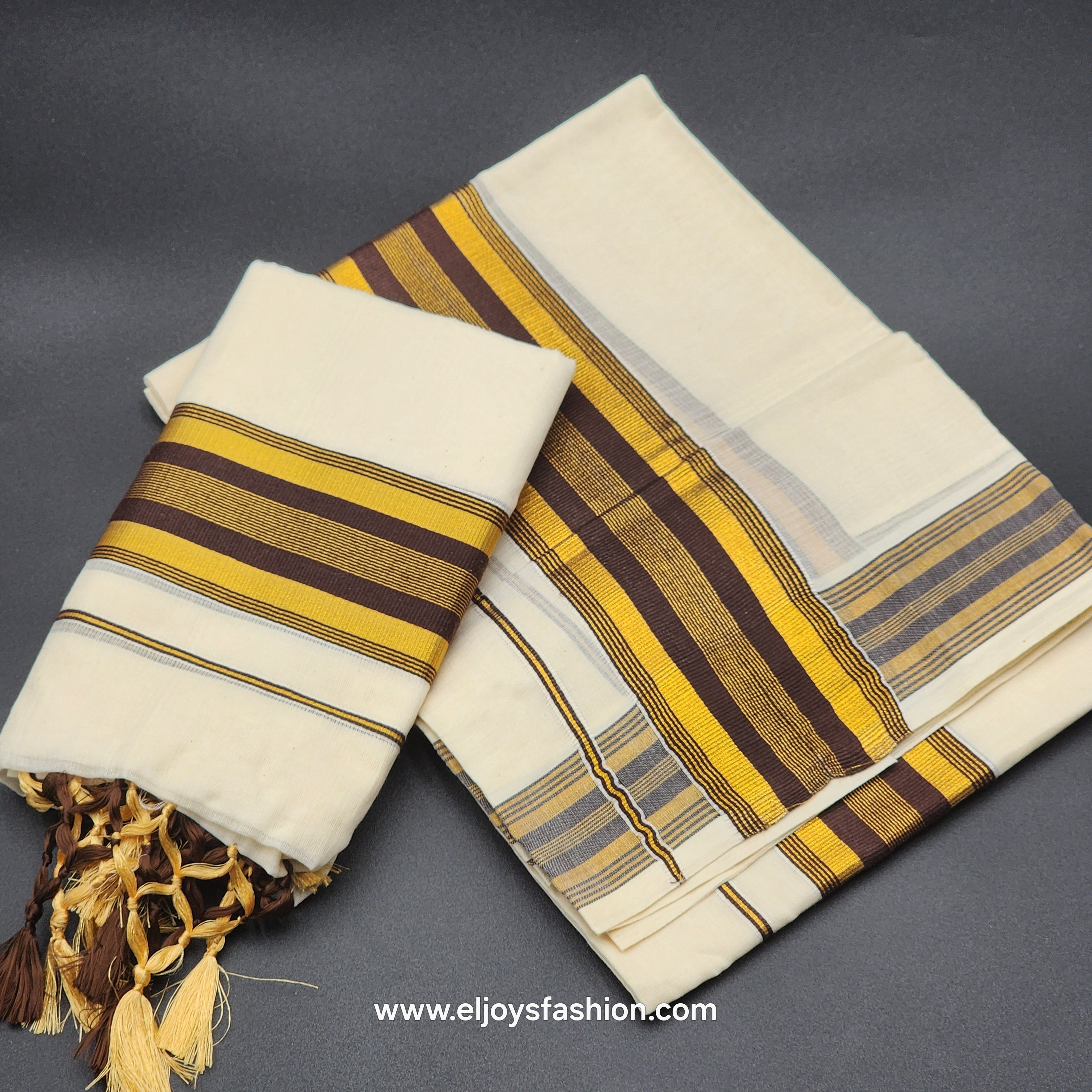 Set Mundu Tussal work chocolate brown Royal gold border 4006 Eljoys Fashion
