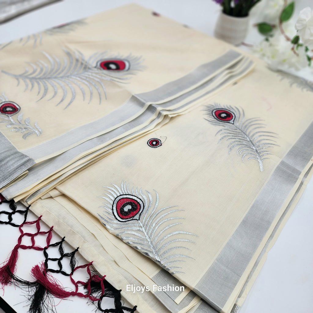 Tissue Silk South Indian Saree with silver red black Combo covert design Eljoys Fashion
