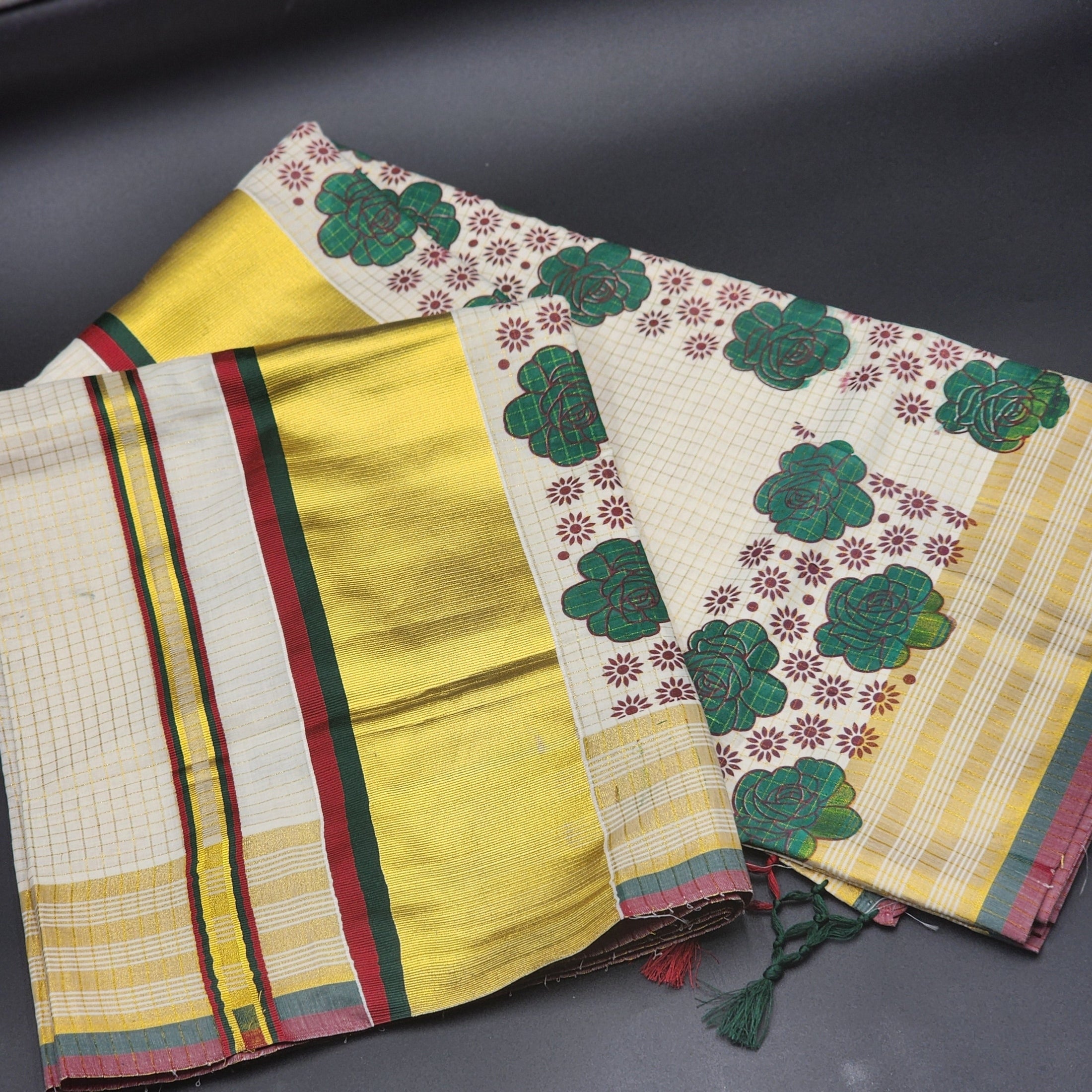 Tissue silk full body floral and line works .The pallu has wide gold light green/burgundy design with tussel work 2137 Eljoys Fashion