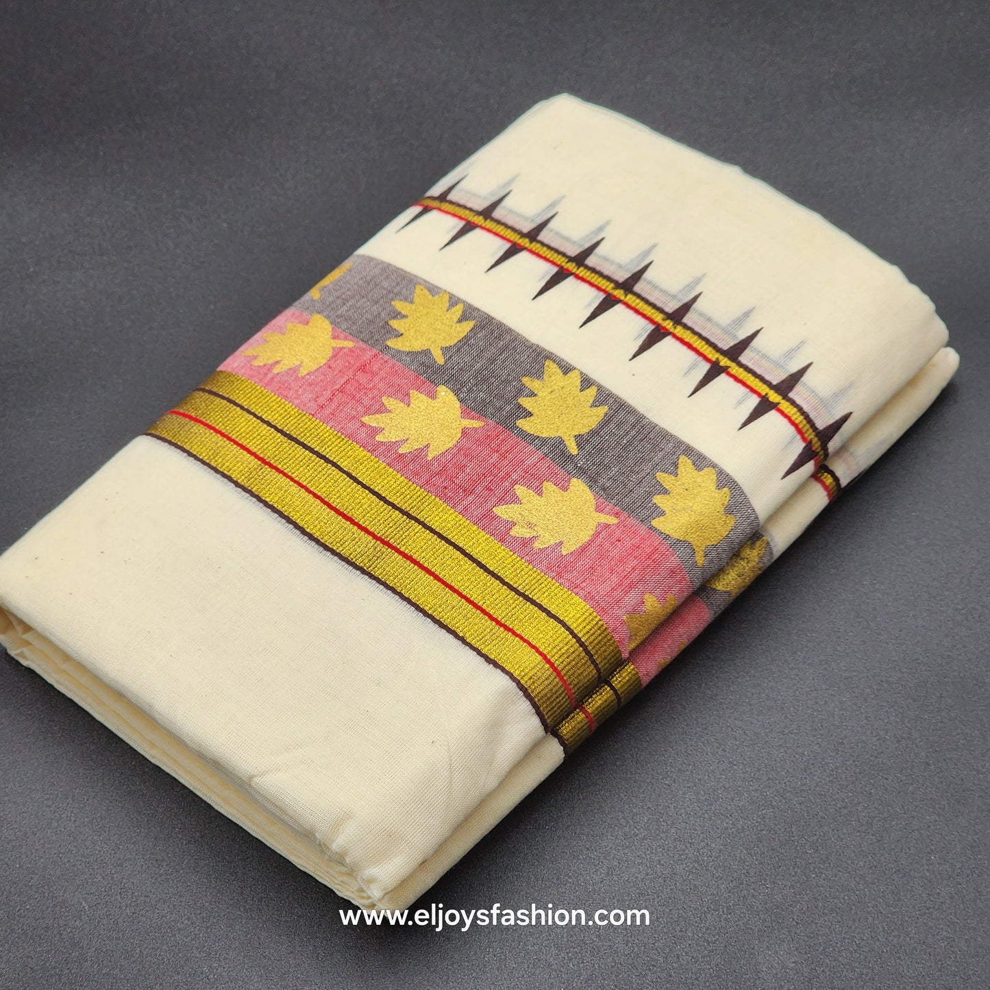 Set Mundu black, red, gold border with leaf designs 4002