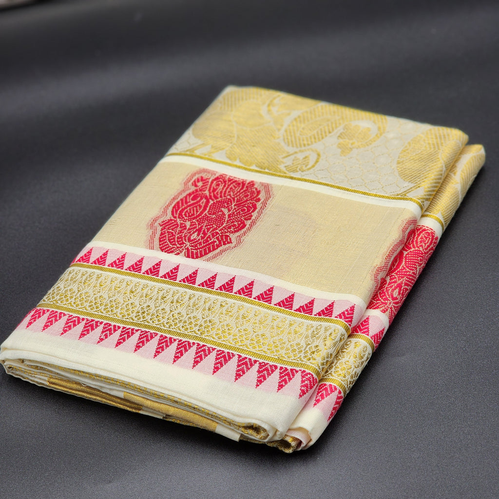 Traditional Kerala saree Peacock design in red and golden hues 2103