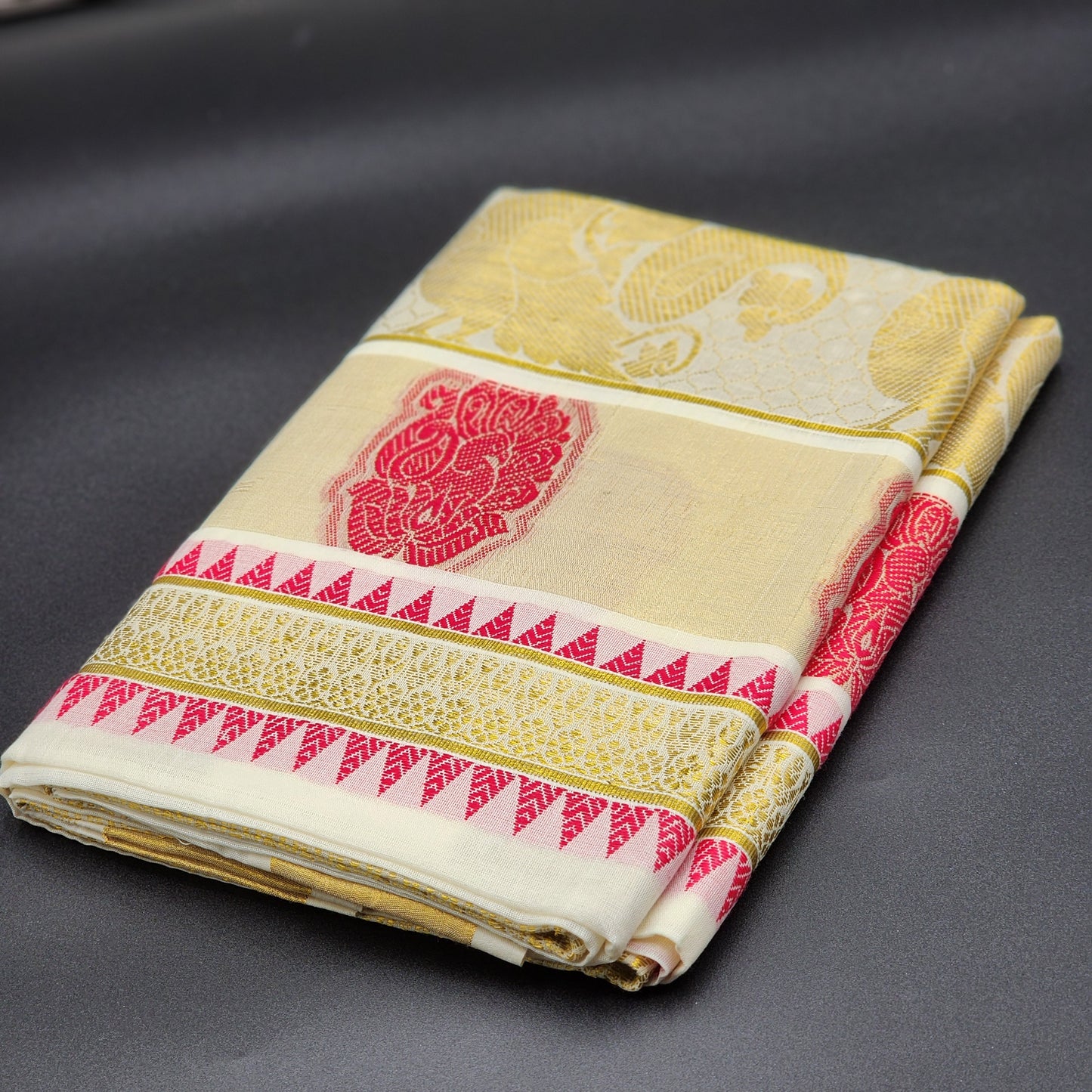 Traditional Kerala saree Peacock design in red and golden hues 2103