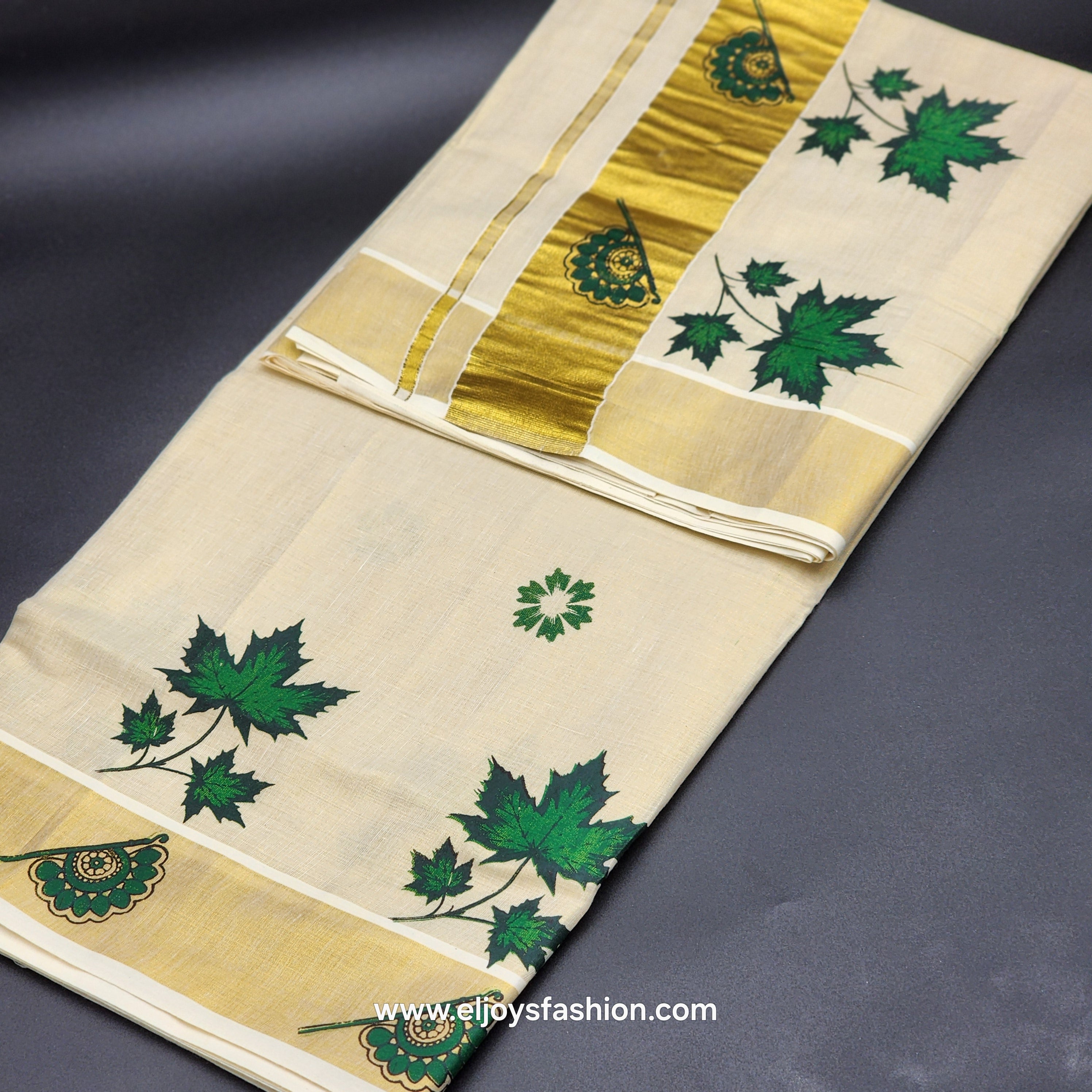 Kerala Saree 4 inch wide golden border and Ombre Green leaves on body 2143 Eljoys Fashion