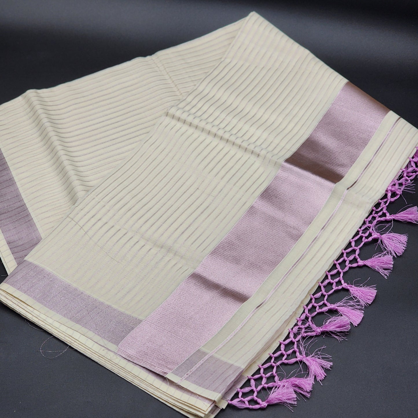 Traditional Tissue silk Saree with with full body Lavender lines and broad lavender lines with Tussel work  2134