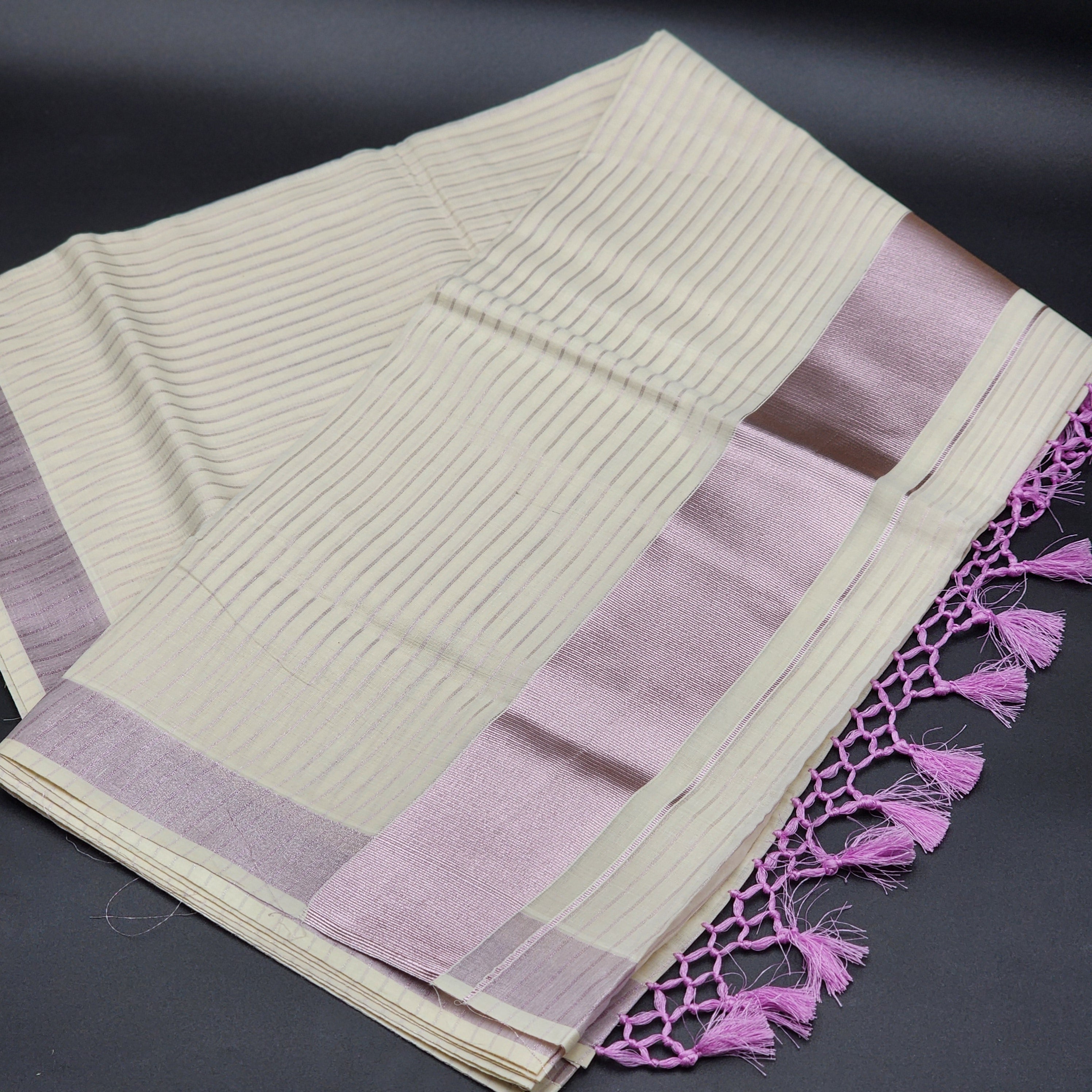 Traditional Tissue silk Saree with with full body Lavender lines and broad lavender lines with Tussel work 2134 Eljoys Fashion