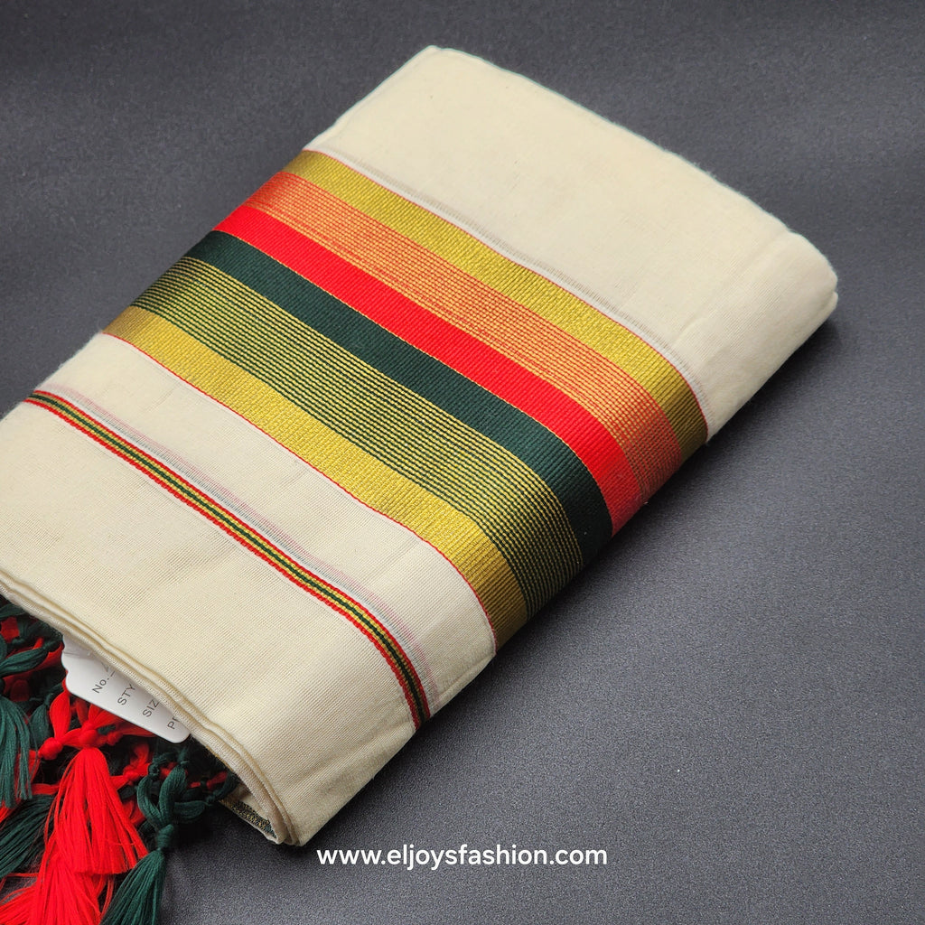 Set Mundu Tissue Silk Broader Green,Gold, Burgundy with Tassel work 4010
