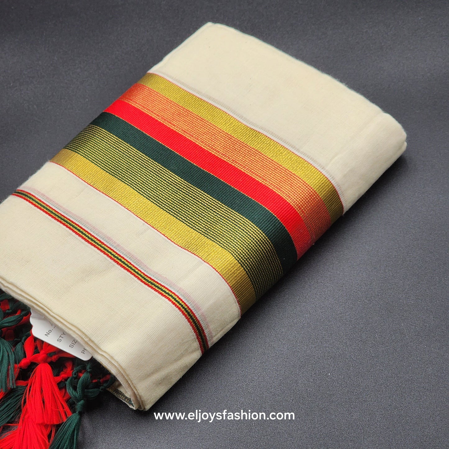 Set Mundu Tissue Silk Broader Green,Gold, Burgundy with Tassel work 4010