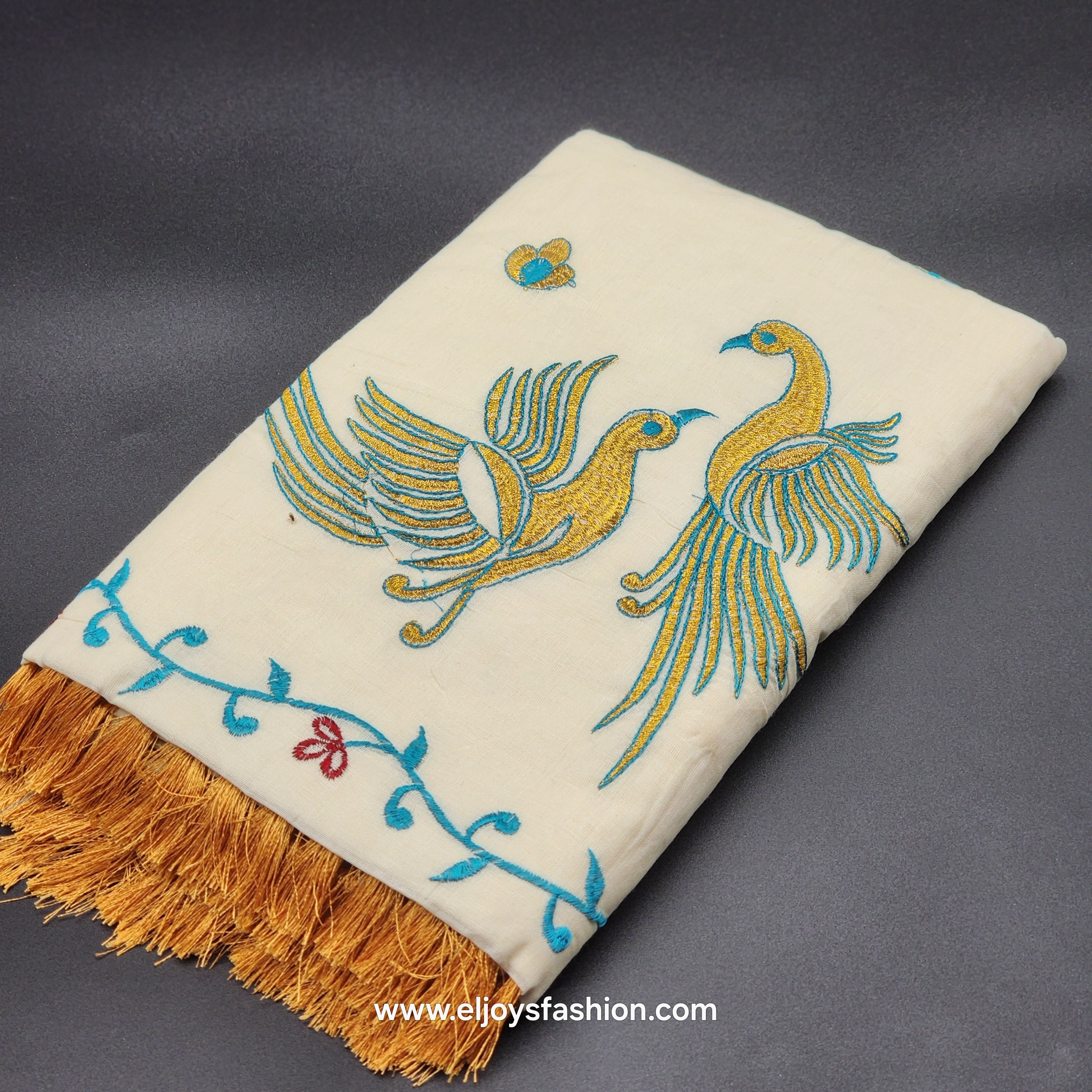 Kerala Saree Embroidered birds design in golden and blue with blue creeper border Tassel work 2142 Eljoys Fashion