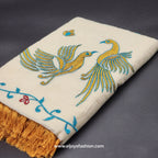 Kerala Saree Embroidered birds design in golden and blue with blue creeper border Tassel work 2142 Eljoys Fashion