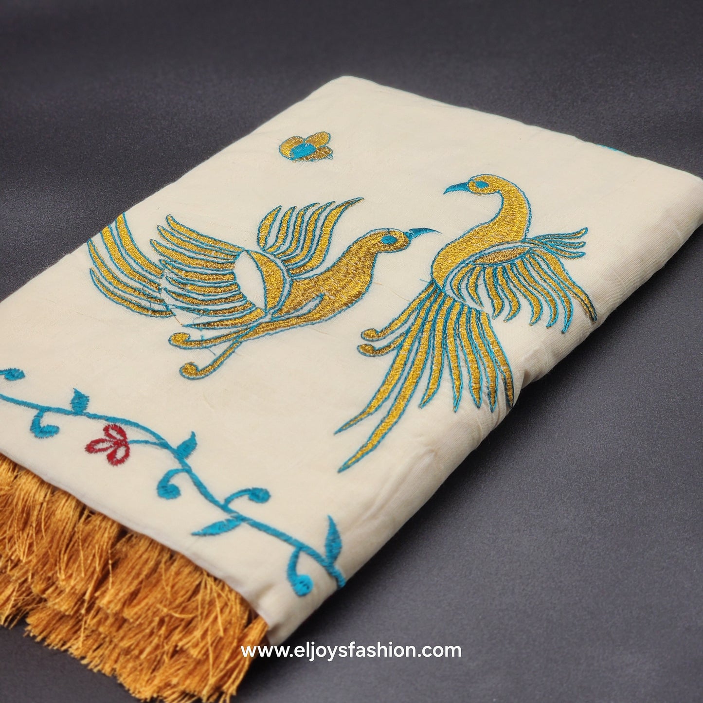 Kerala Saree Embroidered birds design in golden and blue with blue creeper border Tassel work  2142