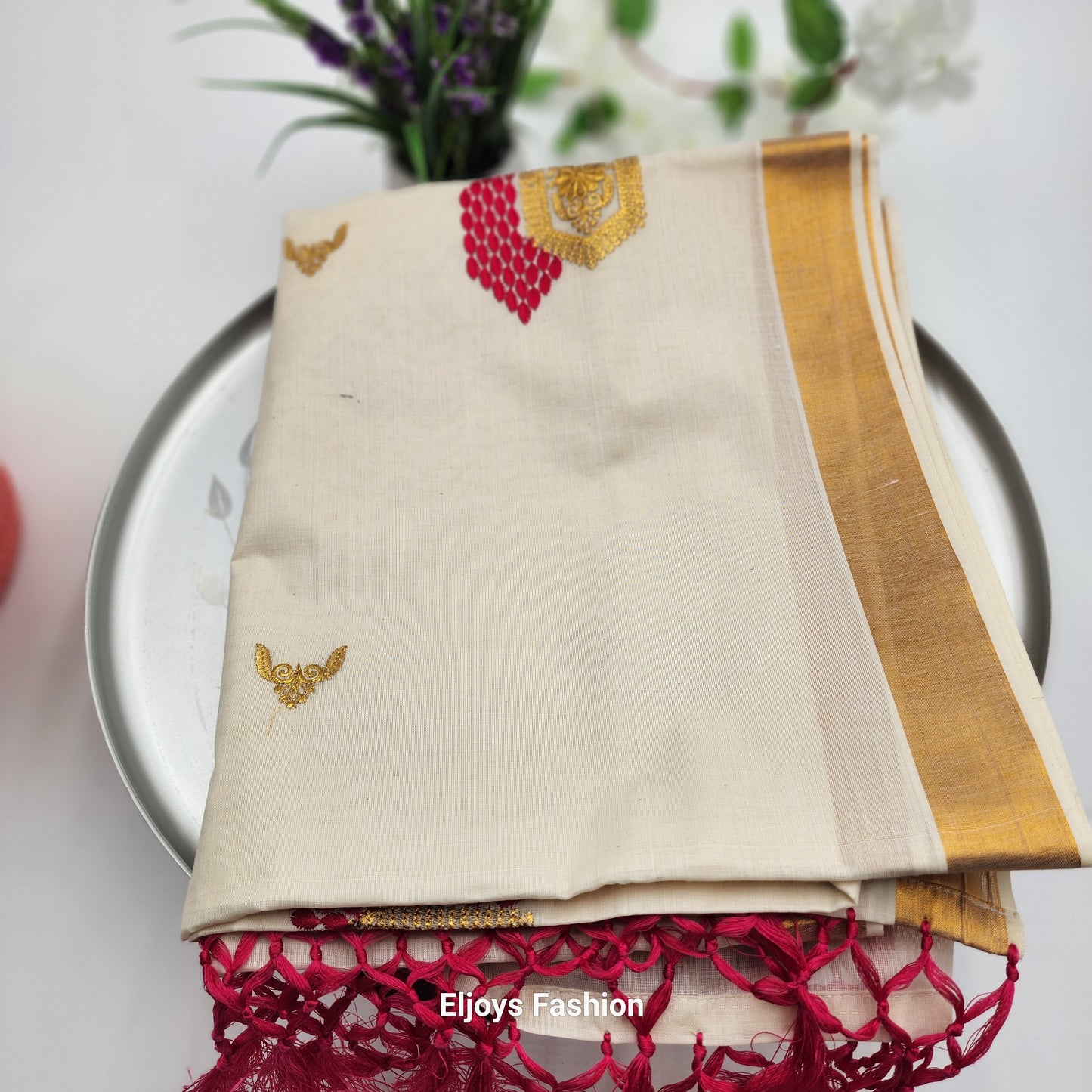 Tissue Silk South Indian Saree with Gold borders and Red Patterns