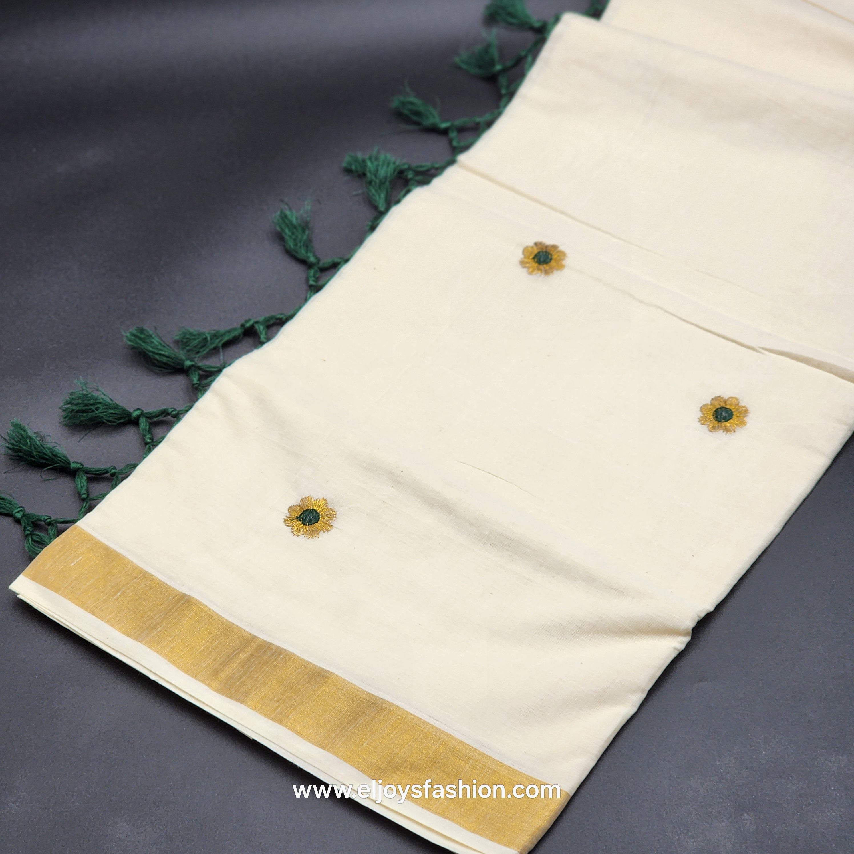 Saree golden border green creeper embroidery and full body Peacock design green/Gold embroidered 2150