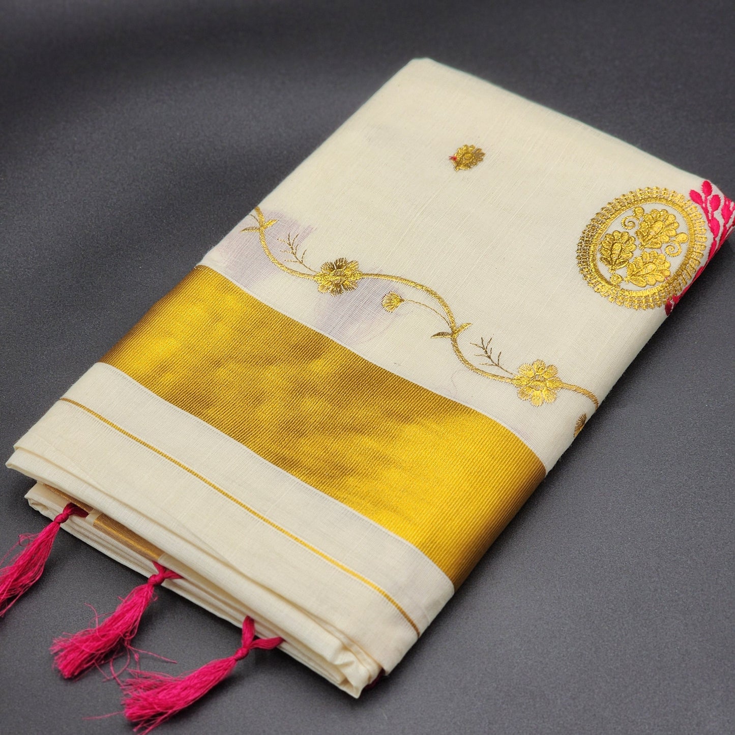 Tissue Silk Saree in Royal gold and red Floral design with Royal gold border 2107