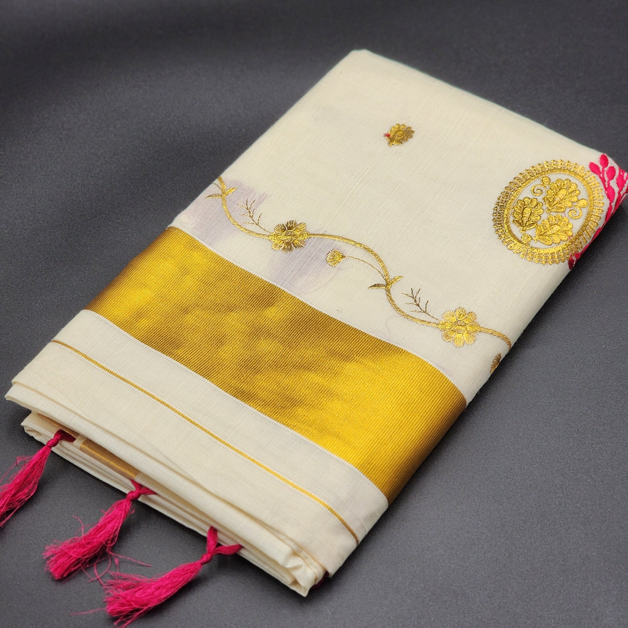 Tissue Silk Saree in Royal gold and red Floral design with Royal gold border 2107