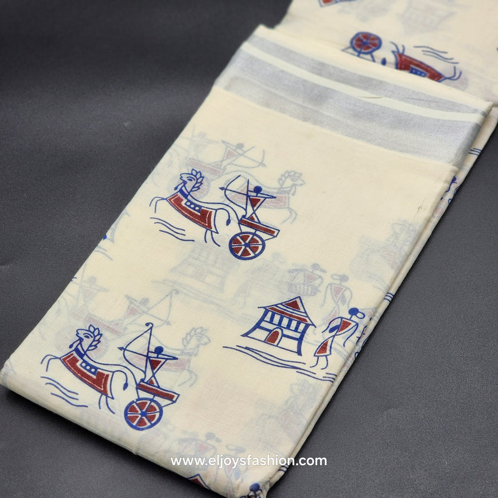 Saree printed in blue and red village theme 2152