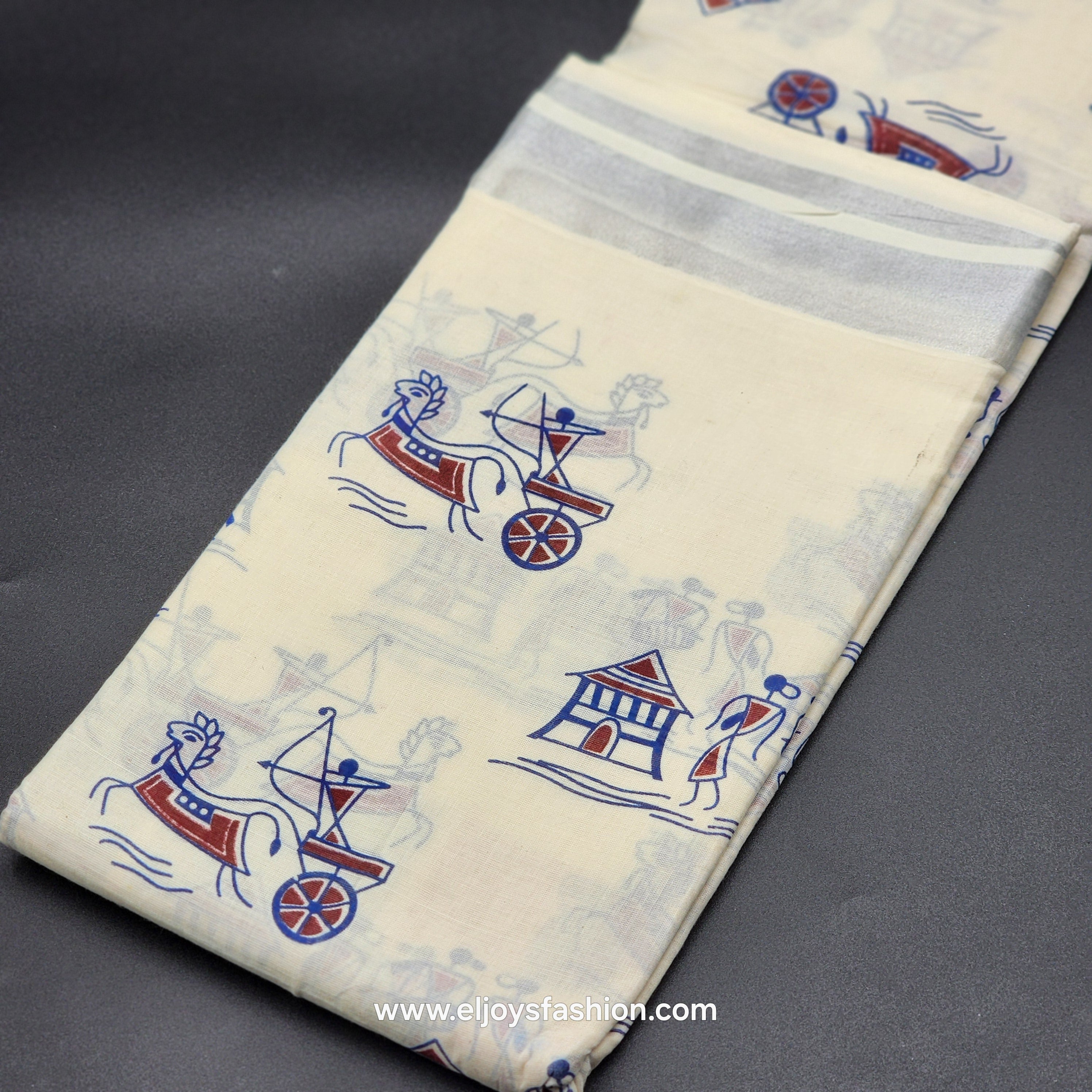 Saree printed in blue and red village theme 2152