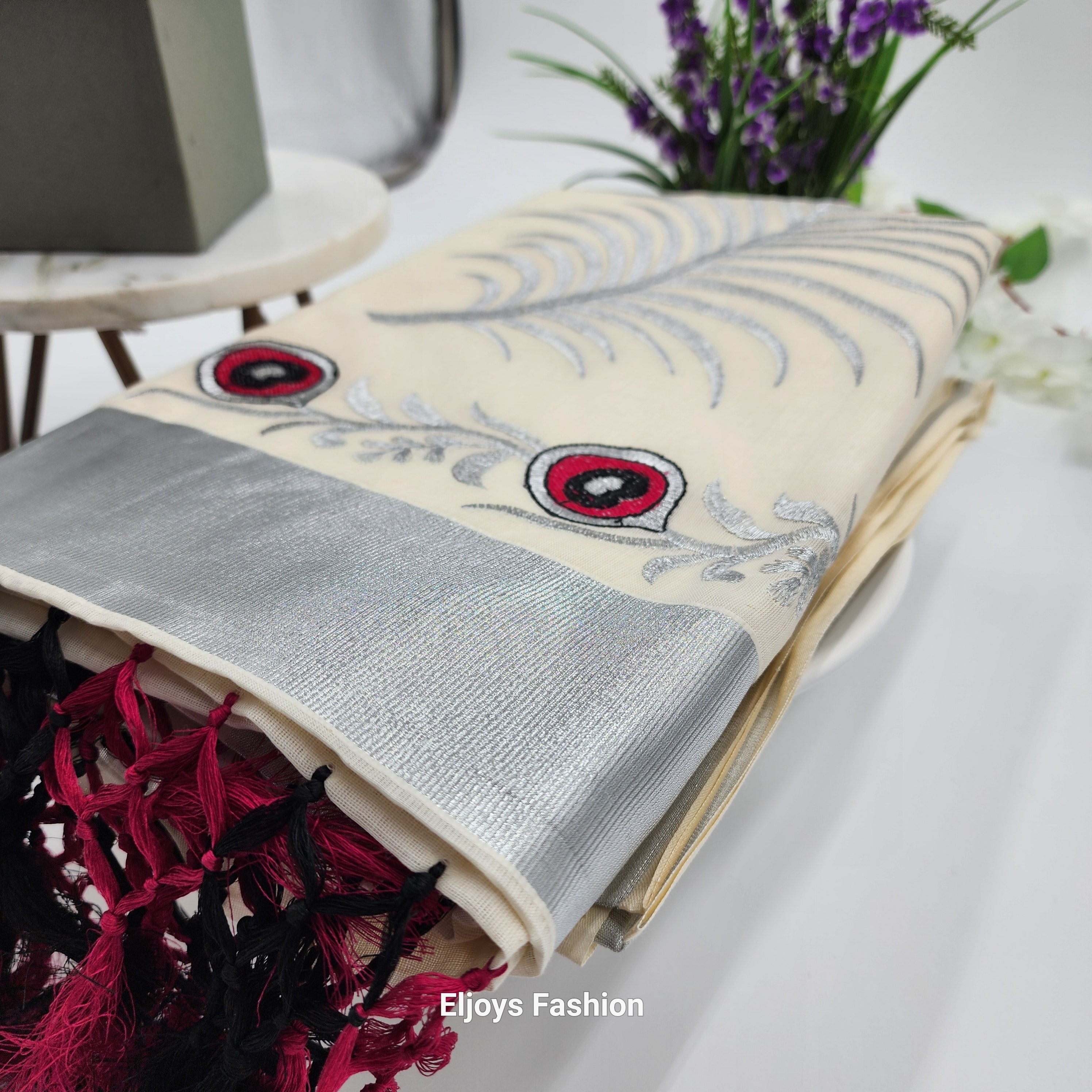 Tissue Silk South Indian Saree with silver red black Combo covert design Eljoys Fashion