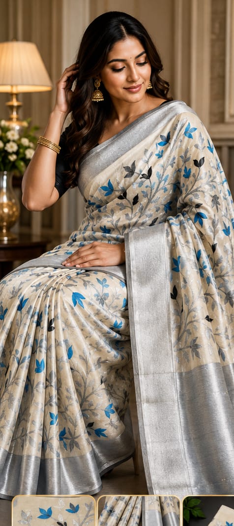 Tissue Silk Saree featuring Silver, Blue and Black floral design with Silver border 2106 Eljoys Fashion