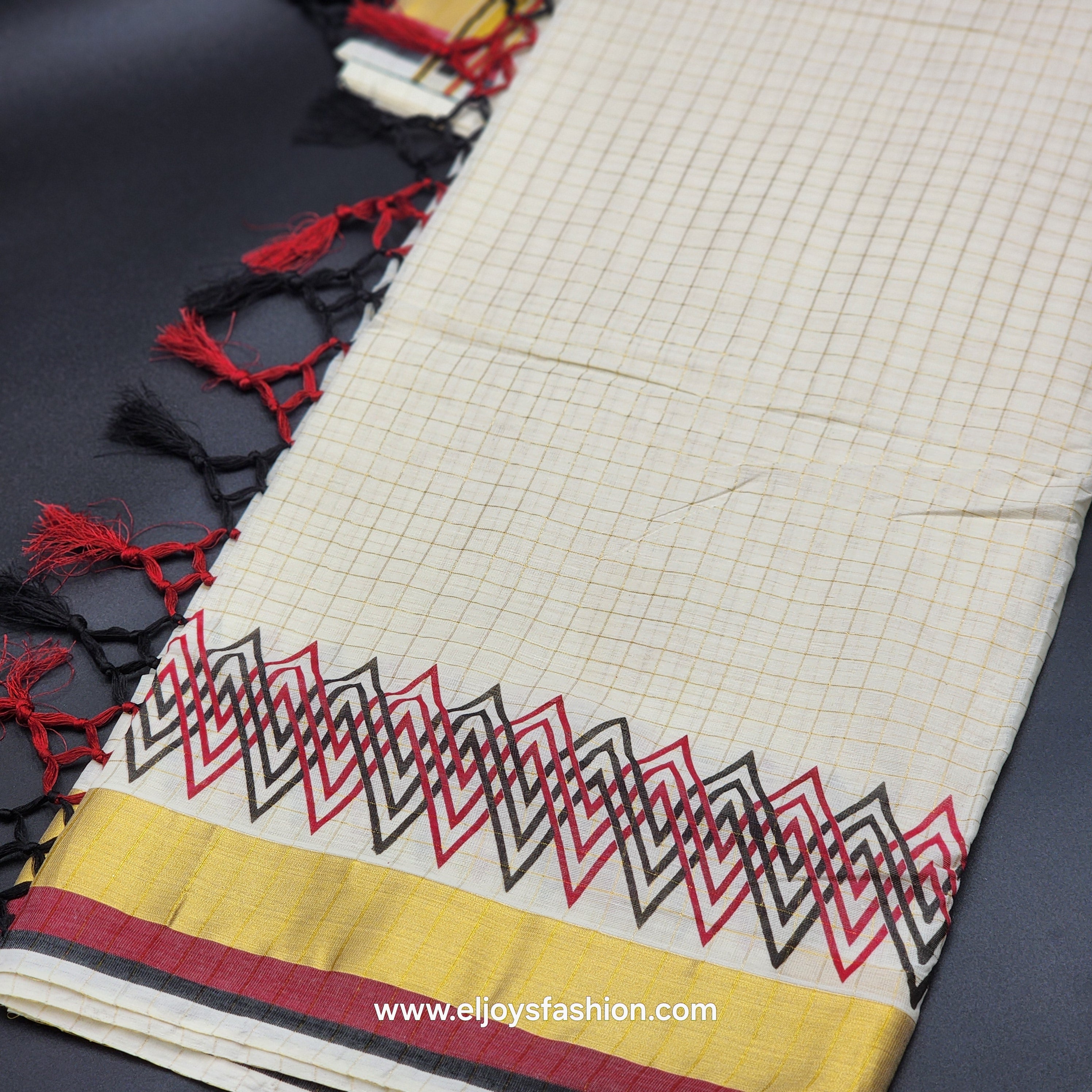 Saree with wide golden red black orange and green lines full body golden box work 2153