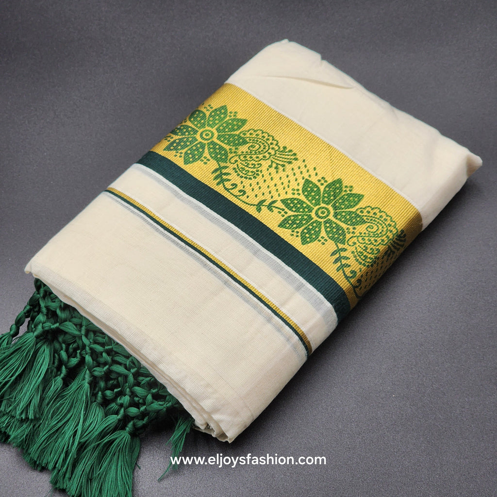 Set Mundu Tissue Silk  floral Design in purple and  Green with Tassel work 4012