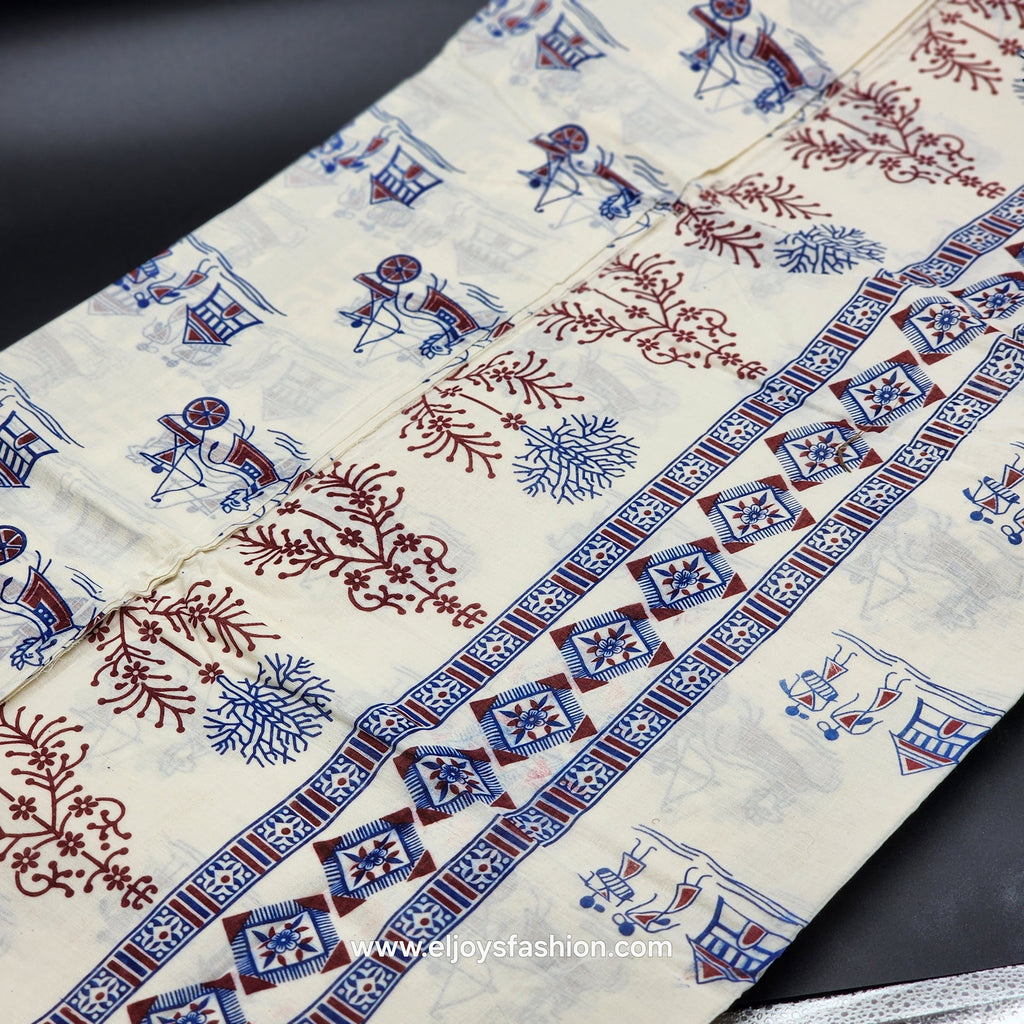 Saree printed in blue and red village theme 2152