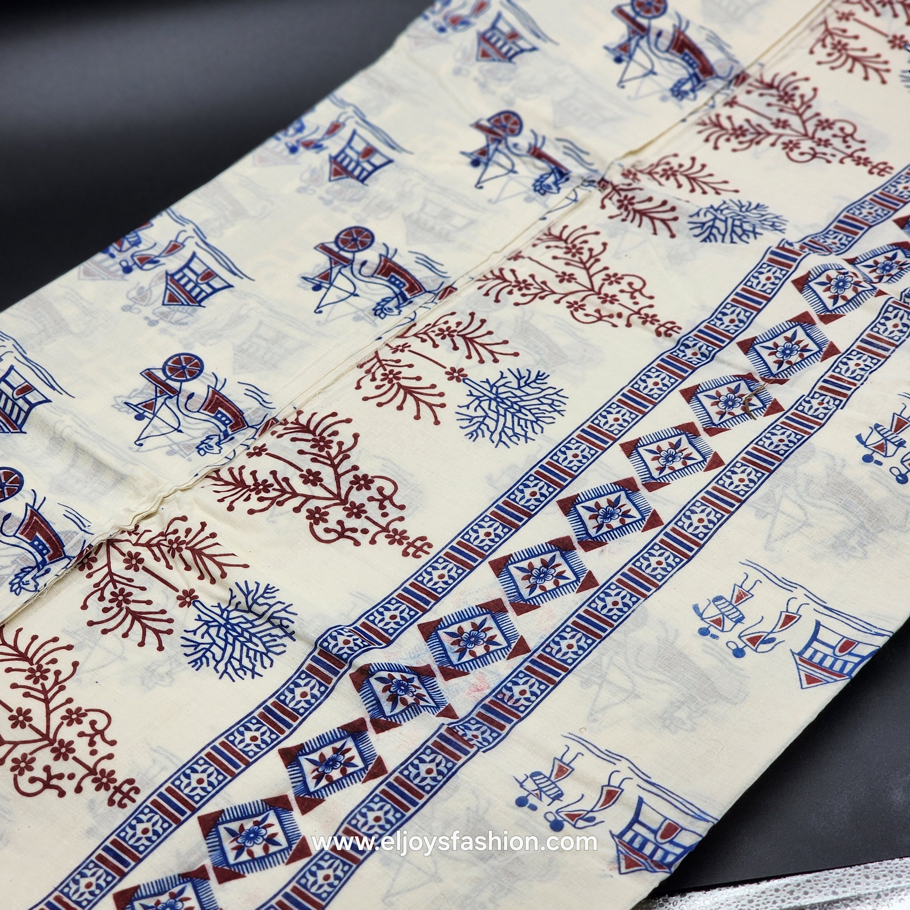 Saree printed in blue and red village theme 2152