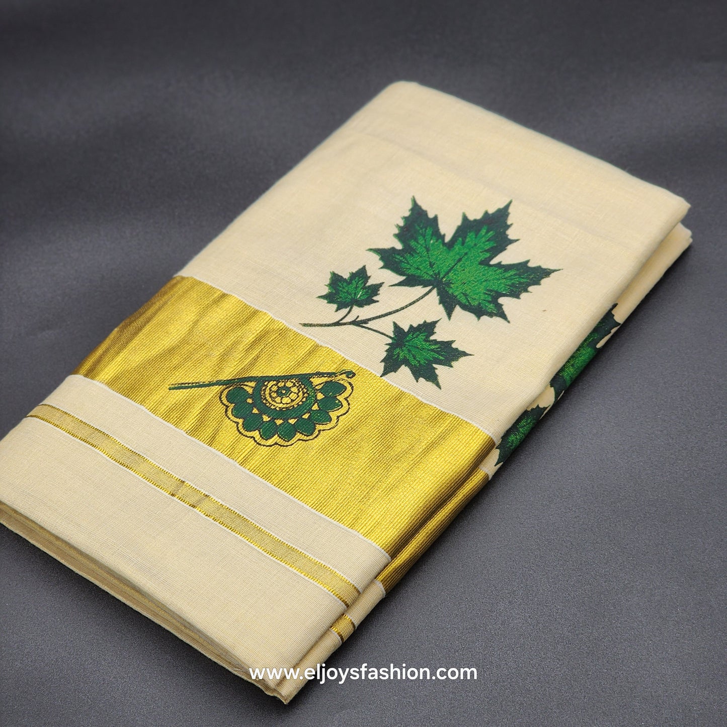 Kerala Saree 4 inch wide golden border and Green leaves on body   2143