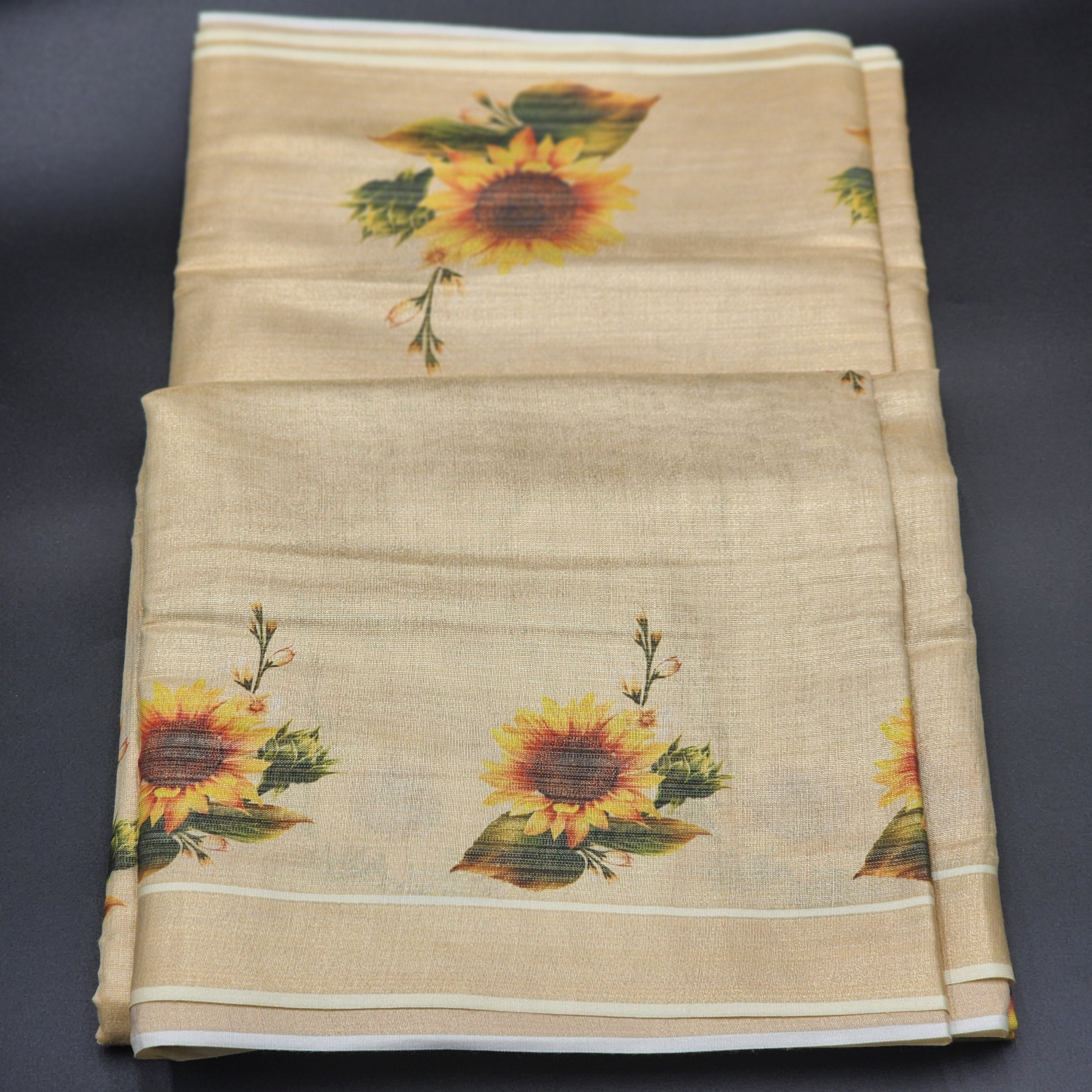 Floral print art silk saree - Large sunflower design with Green Tussel work 2139 Eljoys Fashion