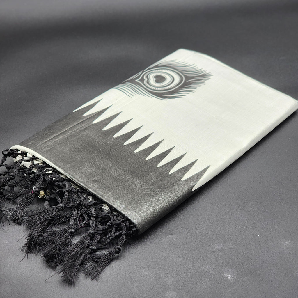Handloom Tissue Silk Saree Black temple design and train feathers on Silver 2123 Eljoys Fashion