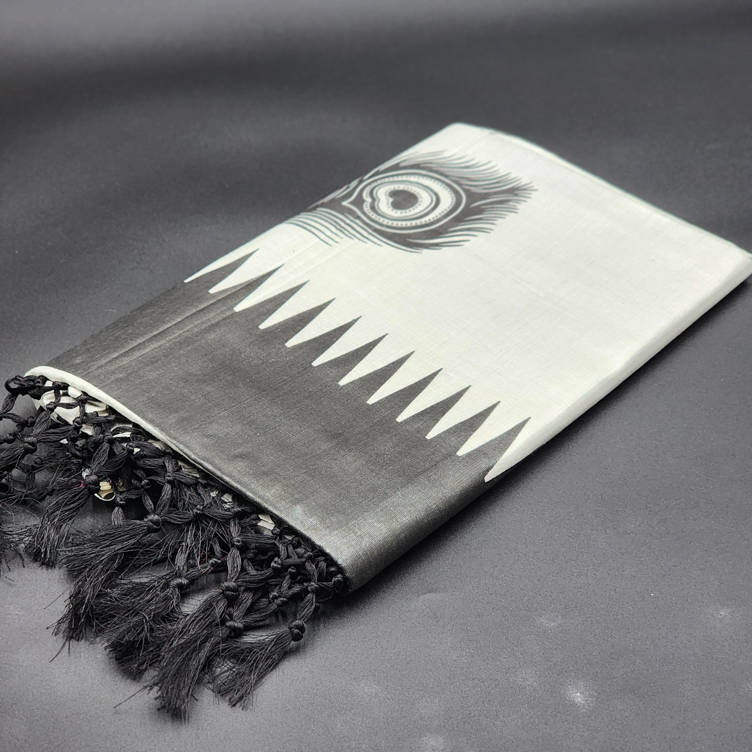 Handloom Tissue Silk Saree Black temple design and train feathers on Silver 2123 Eljoys Fashion