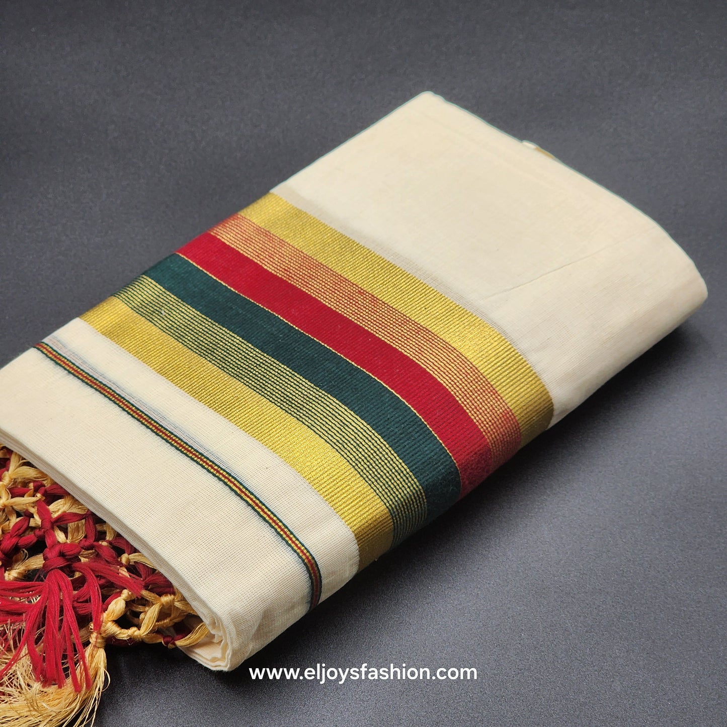 Set Mundu Tissue Silk Broader Green,Gold, Burgundy with Tassel work 4010