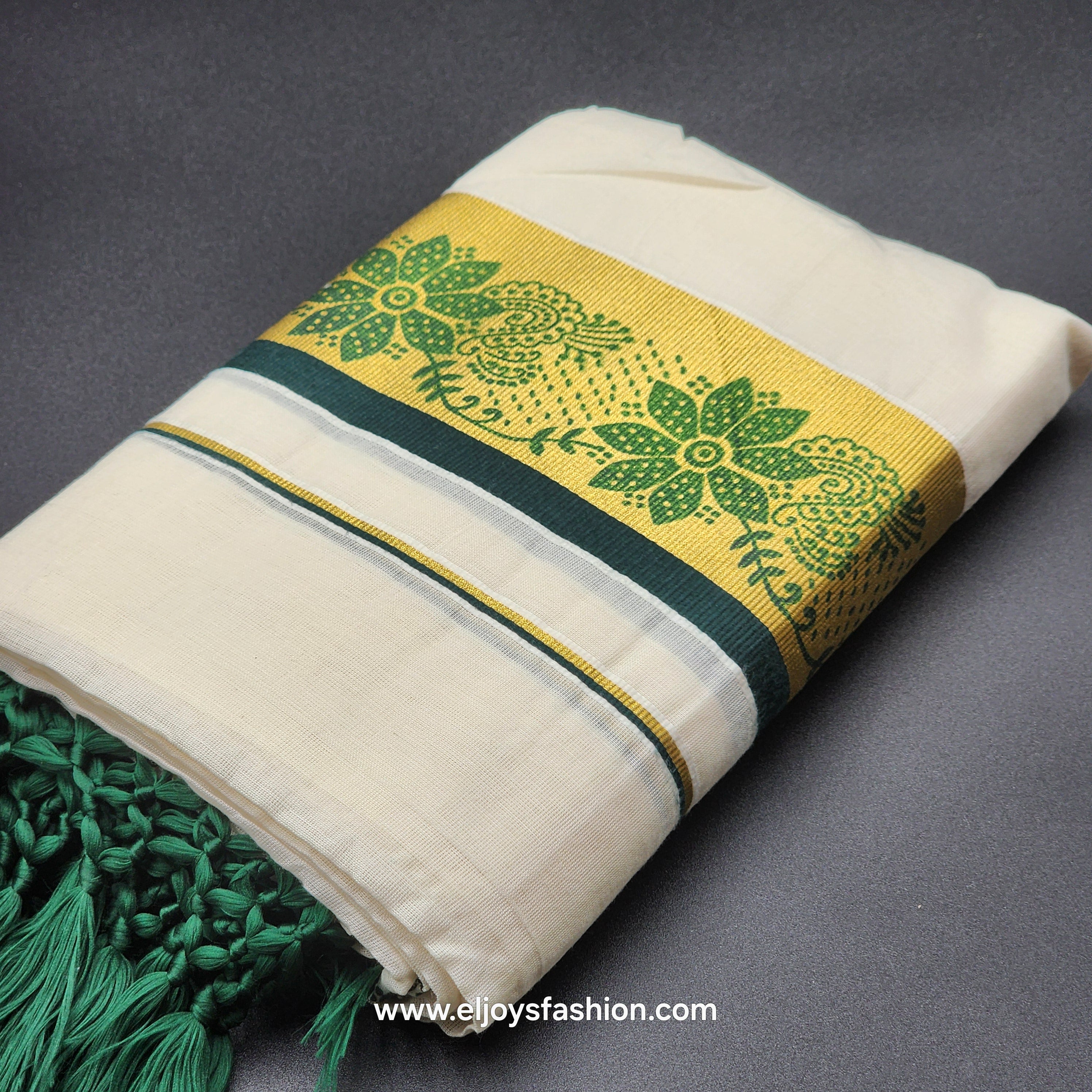 Set Mundu Tissue Silk  floral Design in purple and  Green with Tassel work 4012