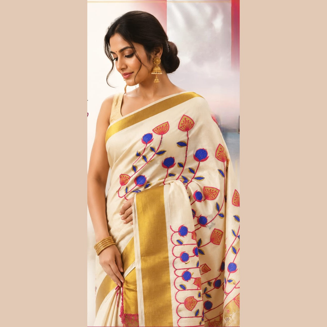 Tissue Silk saree with floral design in blue,red and gold combo 2111 Eljoys Fashion