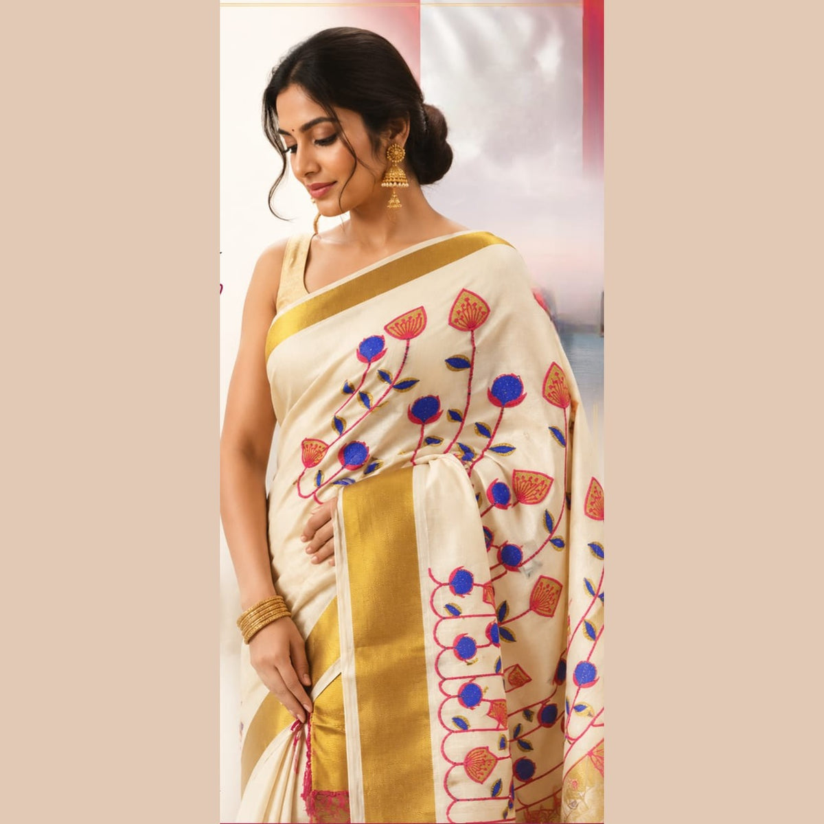 Tissue Silk saree with floral design in blue,red and gold combo 2111 Eljoys Fashion