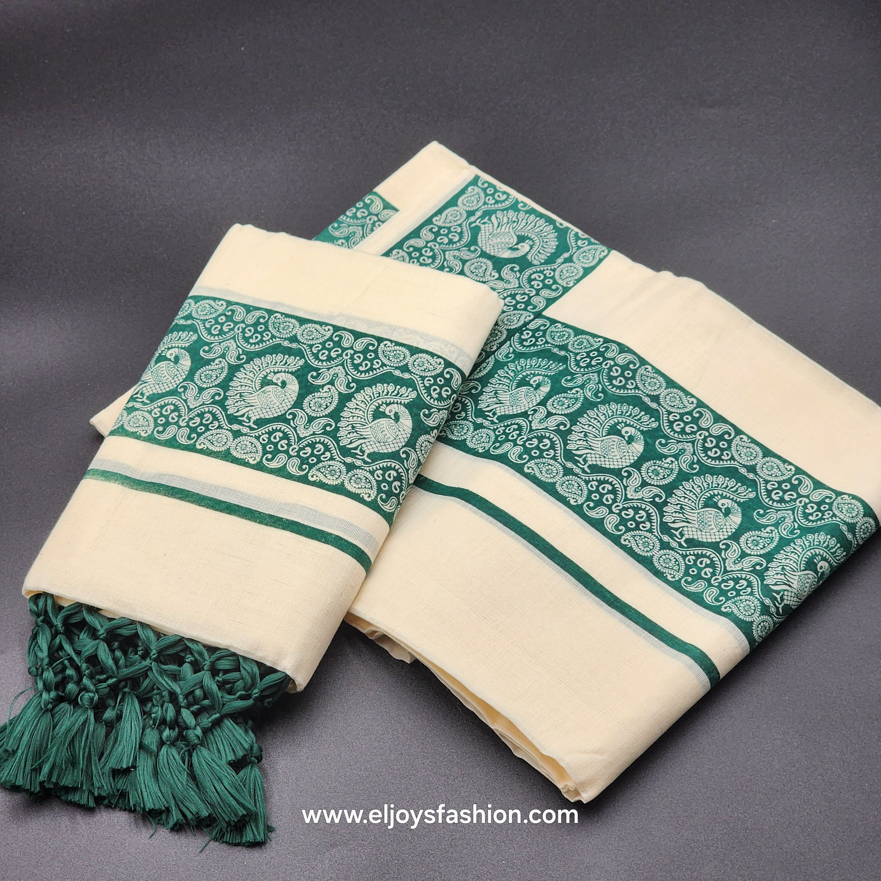 Set Mundu kalamkari peacock border with tassels 4001