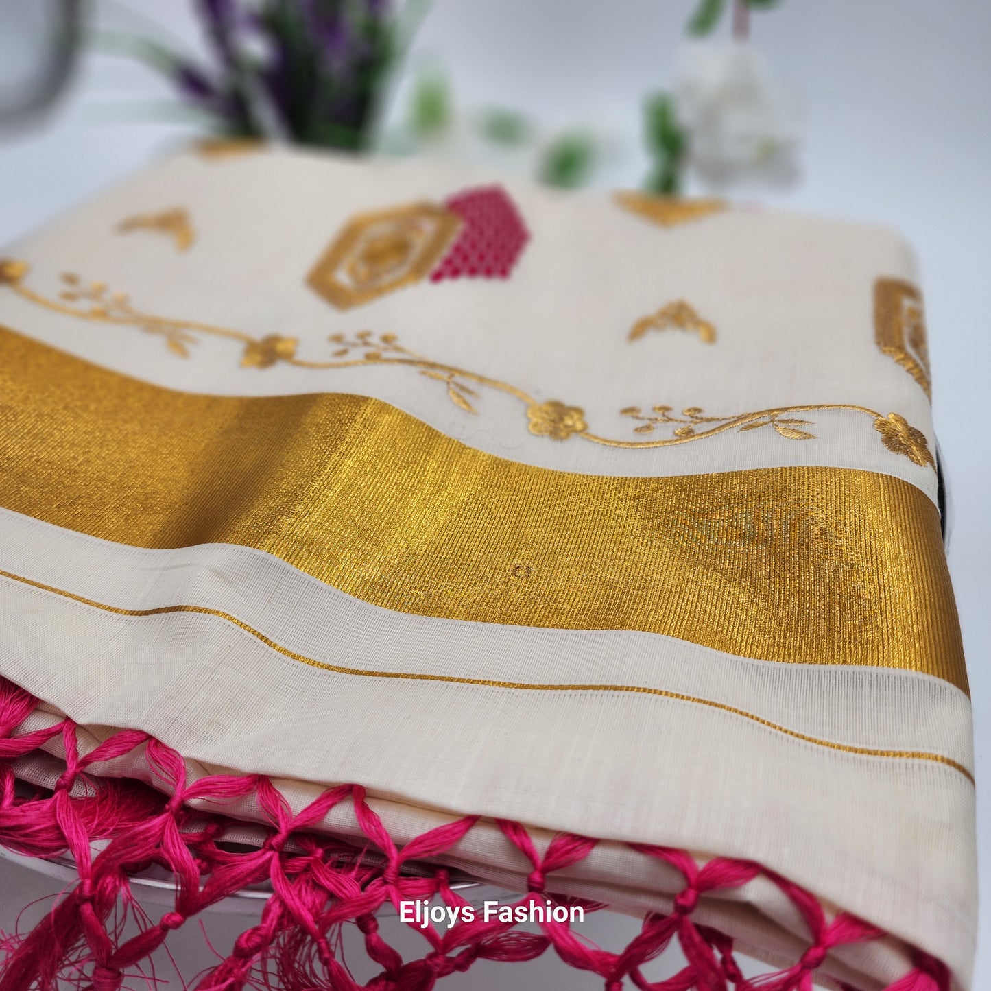 Tissue Silk South Indian Saree with Gold borders and Red Patterns