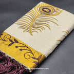 Saree 4 inch wide golden border chocolate creeper embroidery and full body Peacock train goden/choclate embroidery 2148