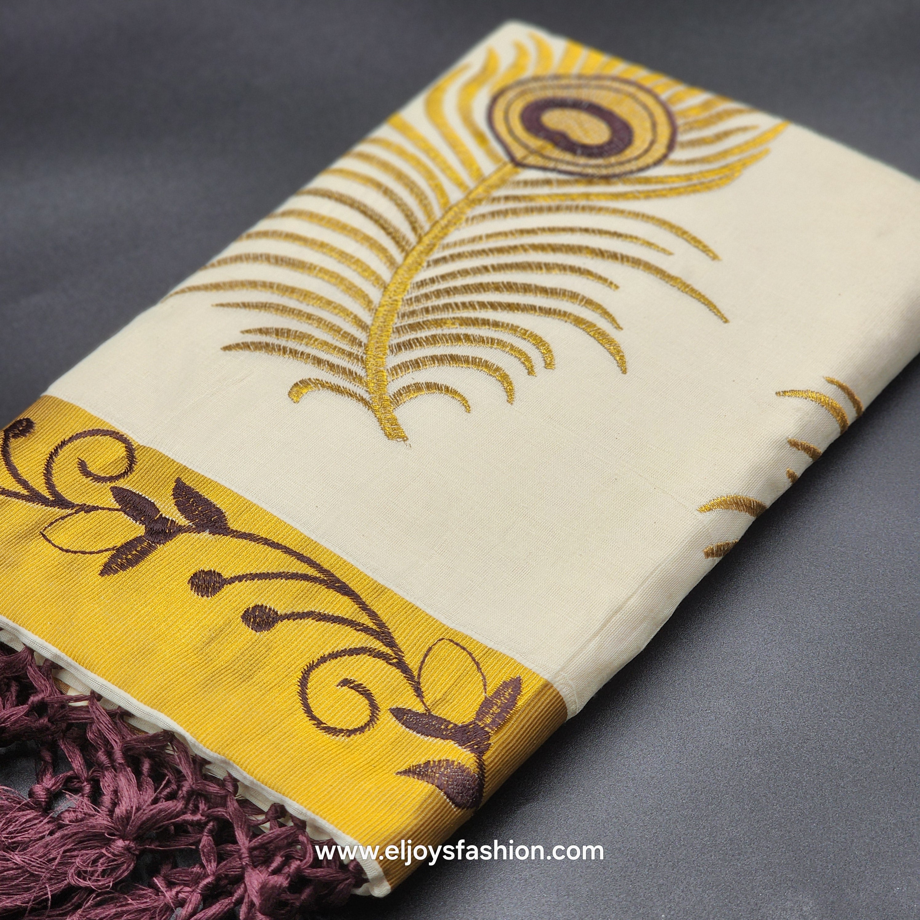 Saree 4 inch wide golden border chocolate creeper embroidery and full body Peacock train goden/choclate embroidery 2148