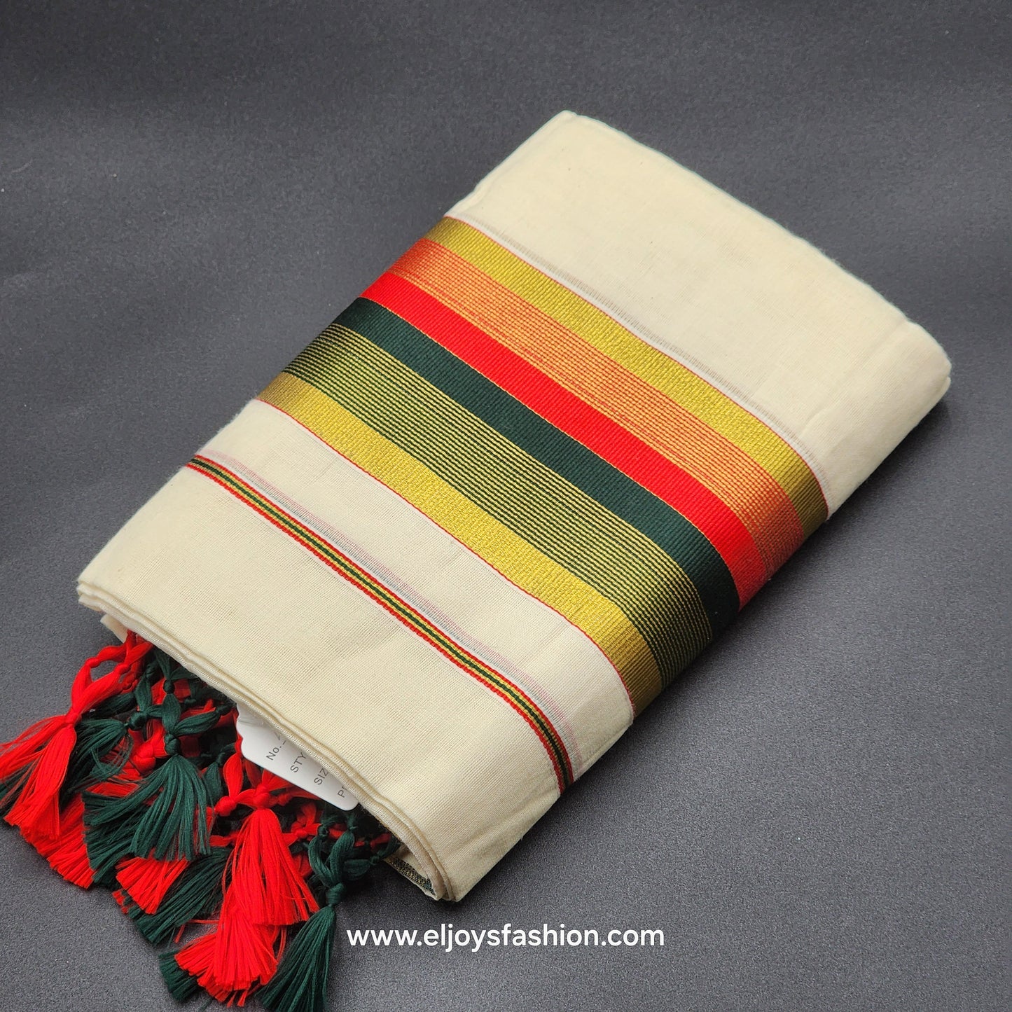 Set Mundu Tissue Silk Broader Green,Gold, Burgundy with Tassel work 4010