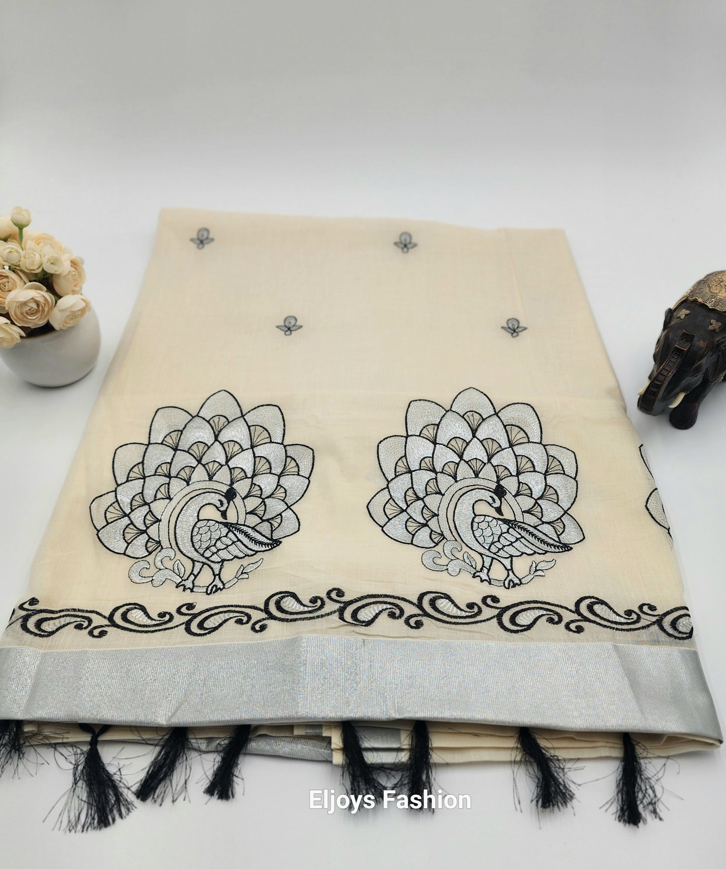 Tissue Silk South Indian Saree - Peacock design Cream and black combo