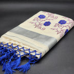 Tissue silk Saree in floral design violet and pink combination with silver lining 2104