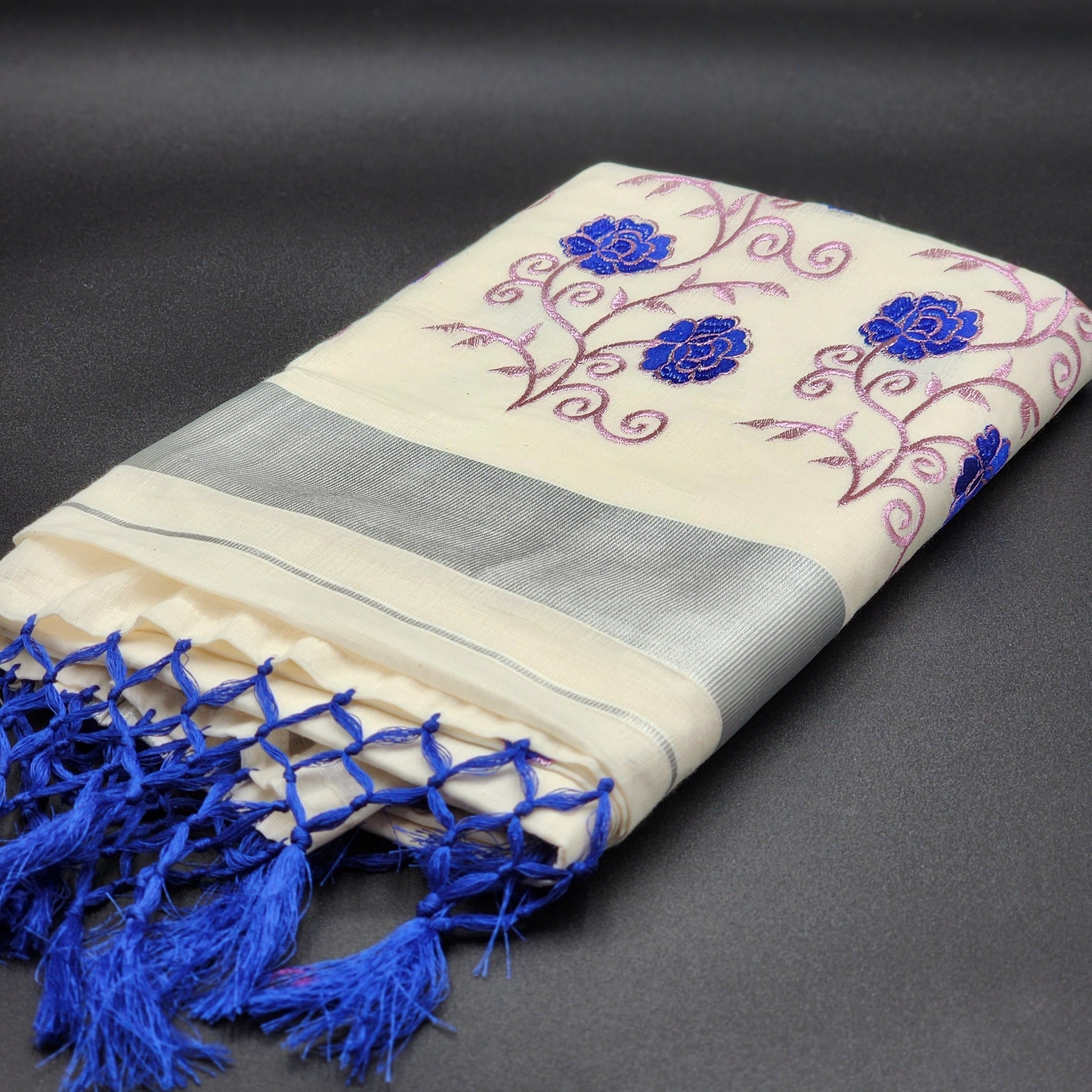 Tissue silk Saree in floral design violet and pink combination with silver lining 2104