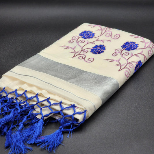 Tissue silk Saree in floral design violet and pink combination with silver lining 2104
