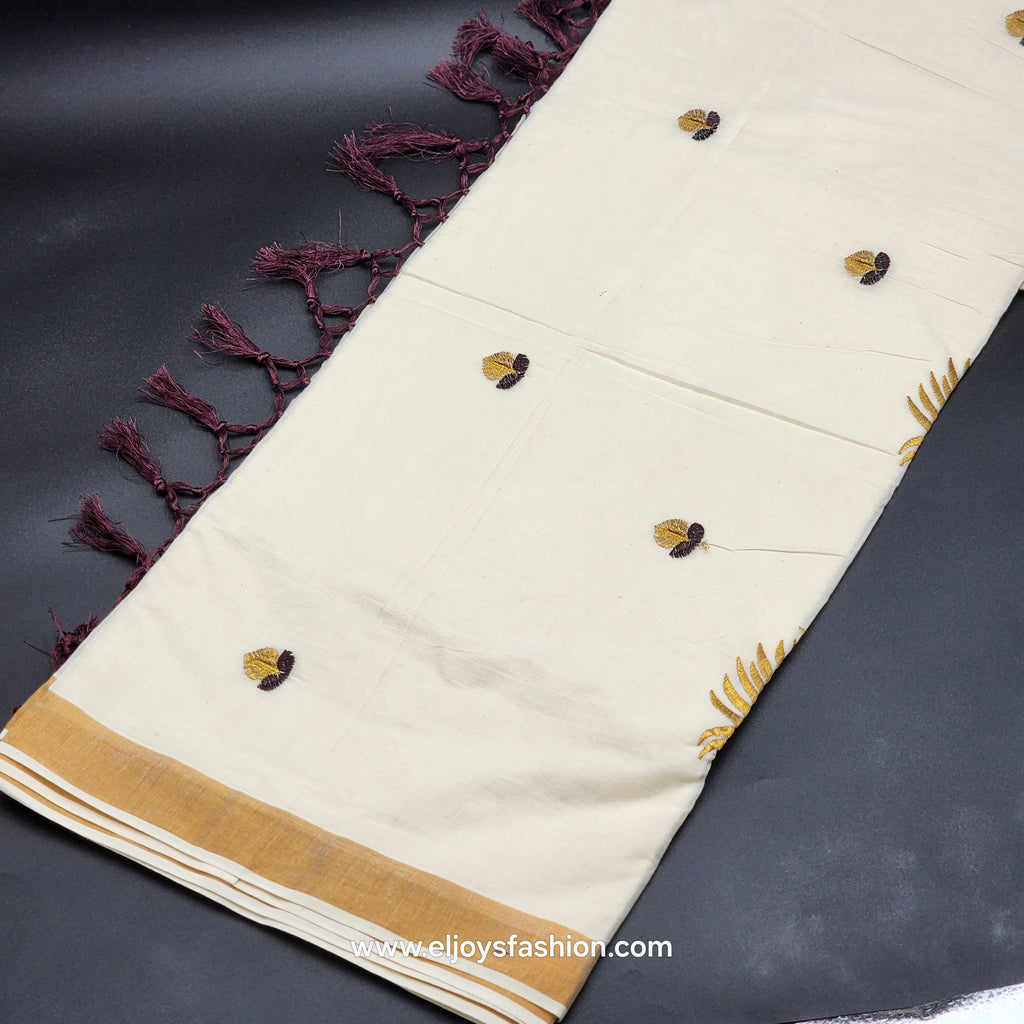 Saree 4 inch wide golden border chocolate creeper embroidery and full body Peacock train goden/choclate embroidery 2148